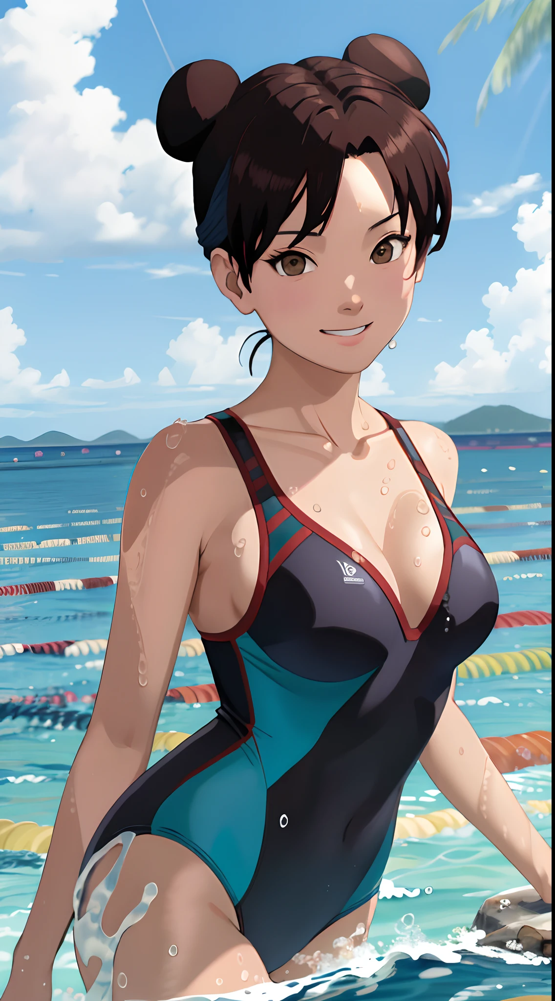 tmasterpiece, hoang lap ,(Complicated details), (rich colourful), cinmatic lighting, Bust, the Extremely Detailed CG Unity 8K Wallpapers,(swim wears:1.5) ,tian zi, 1girll, Large breasts,cleavage,独奏,(比基尼:1.5), rays of sunshine,Be red in the face,ssmile,looks into camera,Close-up shot,sea beach,clouds,sandbeach,Greenery