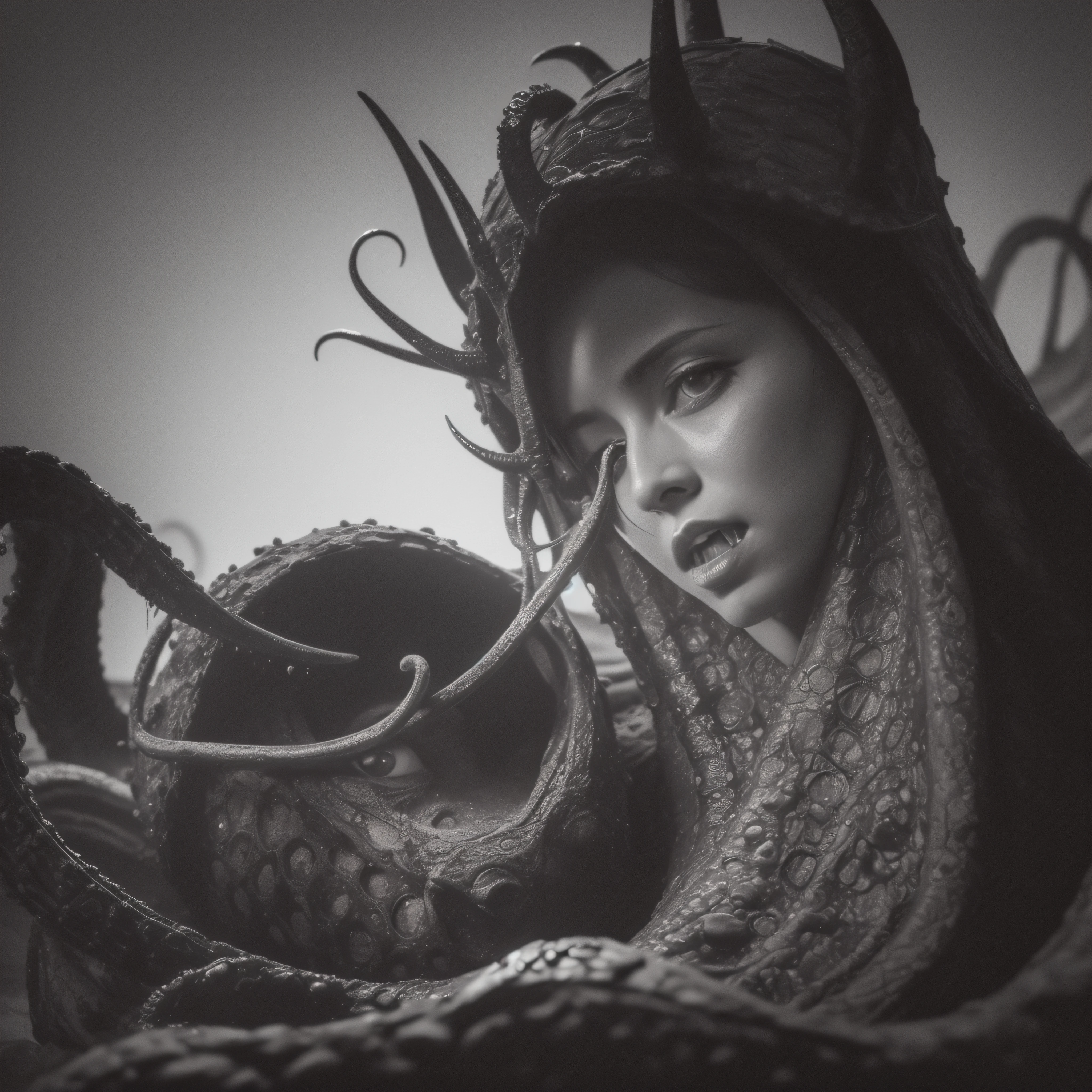 (extremadamente detallado, obra maestra, La mejor calidad), Estilo oscuro, intense illumination, rostro con arrugas, mujer crucificada, tentacle, monstruoso, interior de una piscina de agua verdosa, imagen submarina, alien con Colmillos finos. manchas de tinta. Rococo composition. Luz de caravaggio