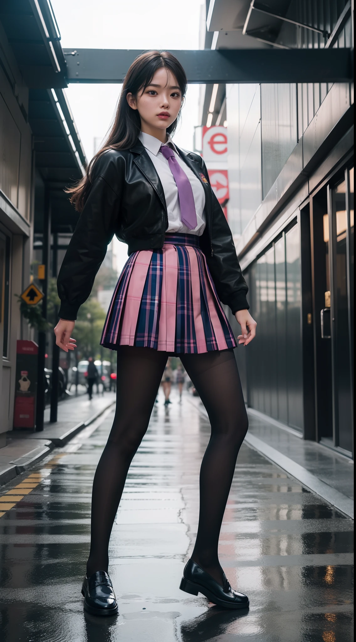 (full body:1.5),(looking at viewer:1.4),(anatomy correct:1.3),(In the paradise of the day:1.3),(Wearing Very thick Pantyhose and JK student uniform plaid pleated skirt and JK uniform leather shoes :1.3), (A high jump posture:1.3),(In pink|amarelo|blue colors|green color|red colour|white colors|black in color|purpleish color|greys|Beige|Flesh color 1.4),,(Accurate and perfect face:1.4),(Clothing Gloss:1.25),(Skin reflection:1.25)A shallow laugh,,hyper HD, Ray traching, reflective light,structurally correct, Award-Awarded, high detal, lightand shade contrast, Face lighting,cinmatic lighting, tmasterpiece, super detailing, high high quality, high detal, best qualityer, 16k,high contrast,