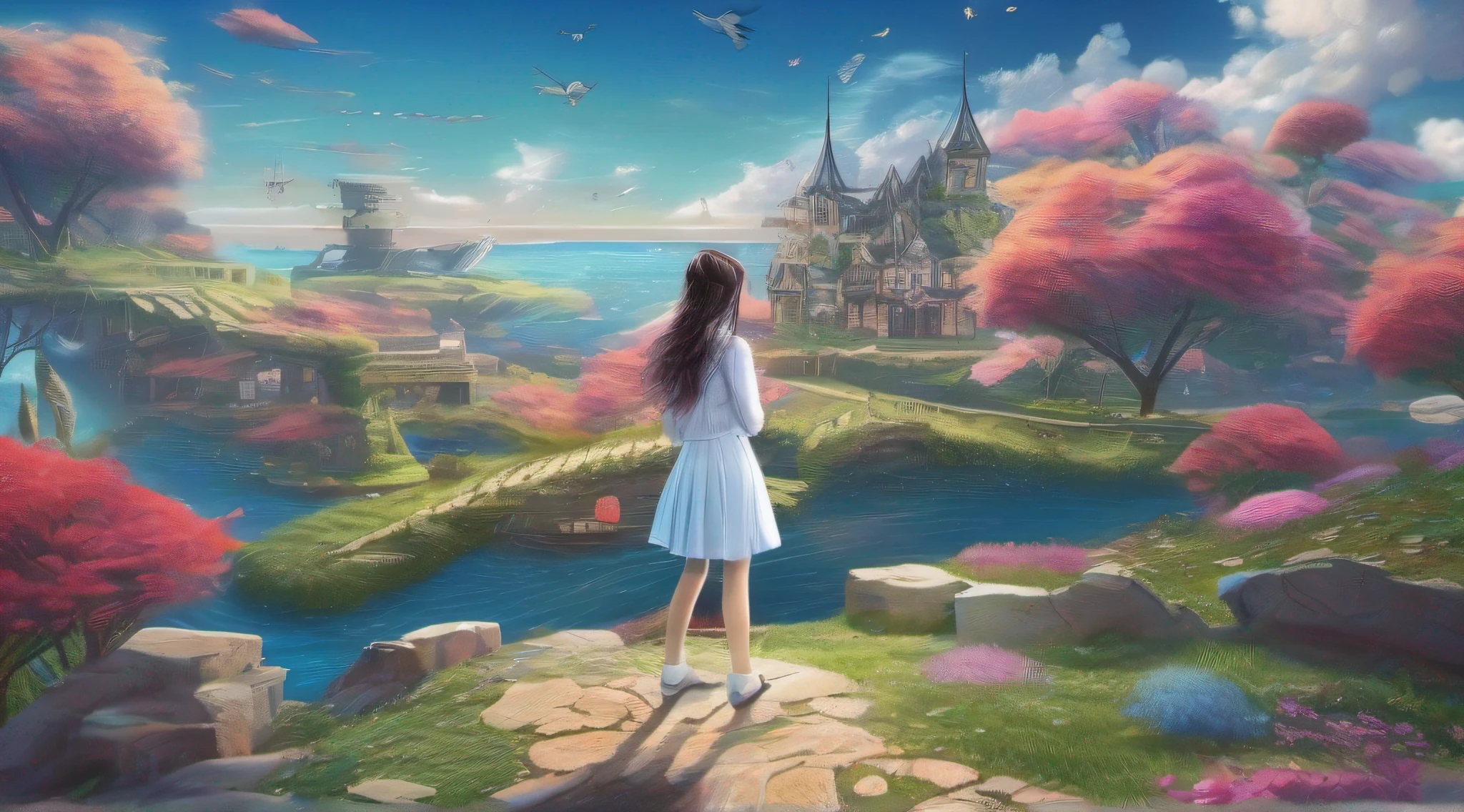 ccurate, best quality, masterpiece, UHD, high details, award winning, (Amazing:1.1), (Surrealism), Conceptual art, Verism, cinematic lighting, panorama, beautiful high school girl, (17 yr old), ((((full body)))), from behind, dancing, without looking at me, (((wearing school uniform))), black eyes, black hair, (floating hair), ((8 life size)), detailed hairstyles, detailed bodyline, anatomically correct, (((she is lost in a surreal world of dreamlike landscapes))), A floating island in the sky, Quiet village with ruins and colorful houses, shallow sea, Horizon, ((beautiful Blue sea)), blue sky, paradise, many flowers, wind flow, (((fantasy))), frontier, (magnificent space),