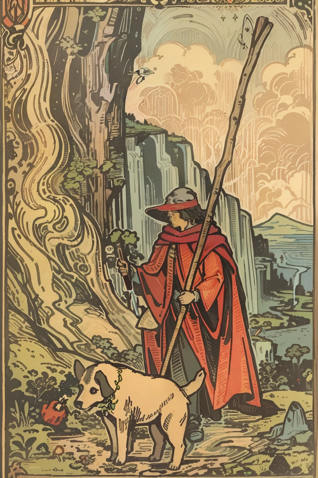 tarot card, the fool, man, bindle, stick and bag, cliff, dog