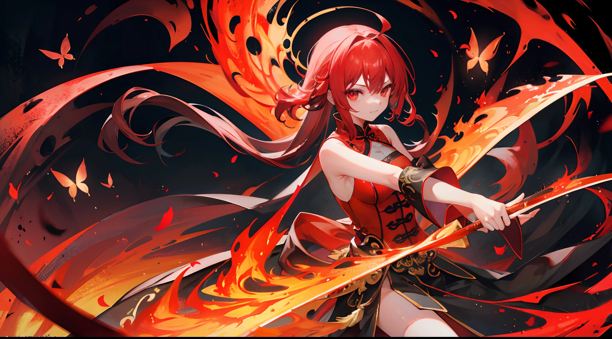 Hu tao, with a red flaming scythe, fiery butterflies, burning village, orange mist, night, looking at viewer, absurdres, high res, ultrasharp, 8k, masterpiece