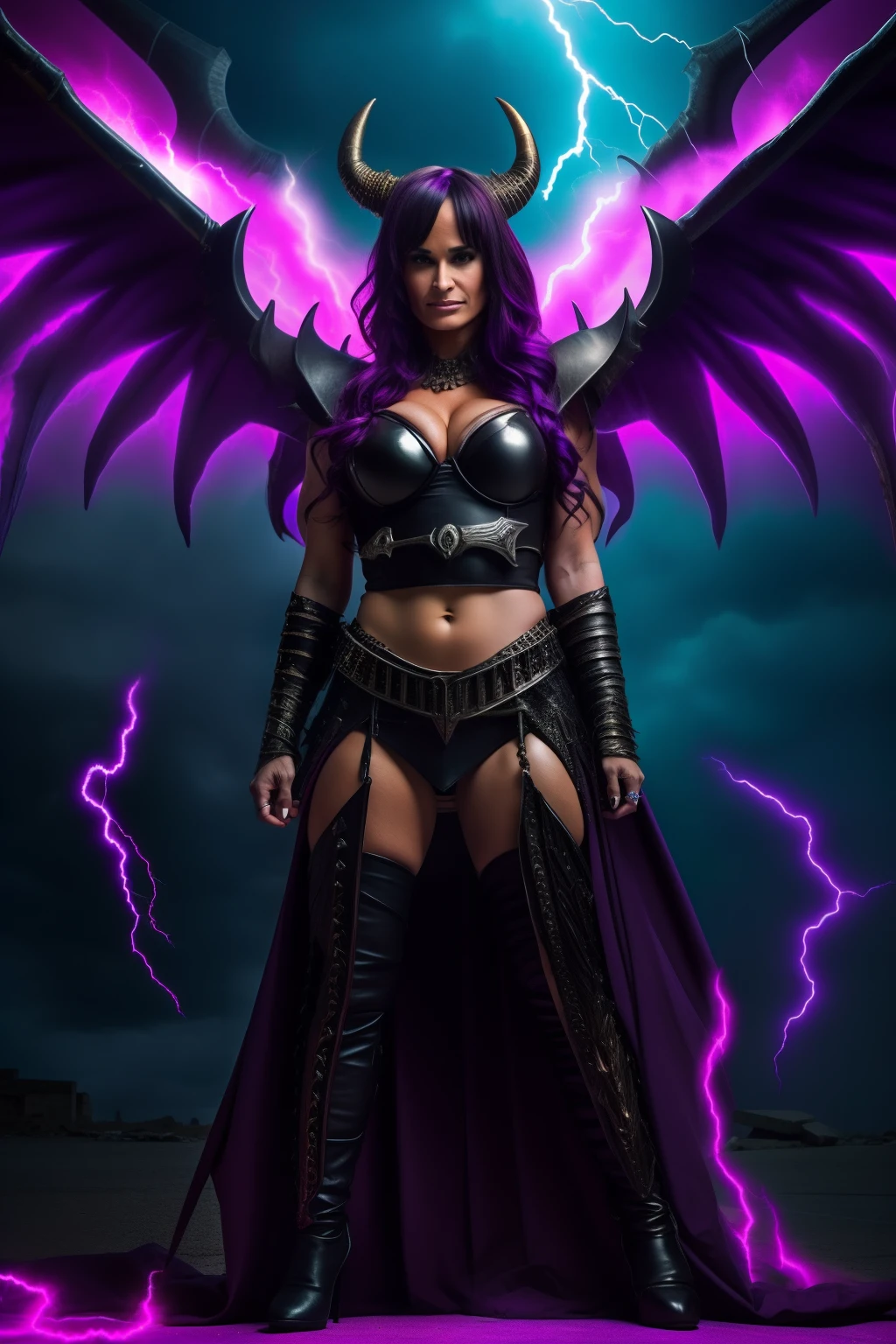 Lisa Ann as a hyper-giant, Hyper-powerful demon with a demon horn on its head and demon wings, and throws purple lightning bolts at a building, ville en ruine post apocalyptique,