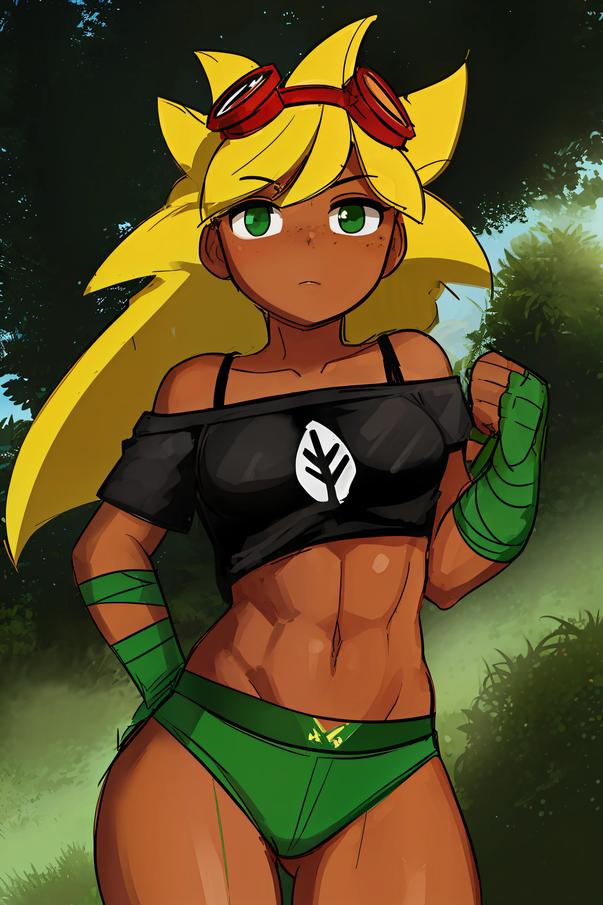 solar_flare_(plants_vs_zombies_heroes), masterpiece, best quality, 1girl, solo, sexy, wet, goggles, blonde hair, goggles on head, breasts, underwear, freckles, dark skin, dark-skinned female, gloves, green underwear, medium breasts, spiked hair, clenched hands, black eyes, looking at viewer, abs, fingerless gloves, green gloves, bare shoulders, long hair, off shoulder, black shirt outdoors