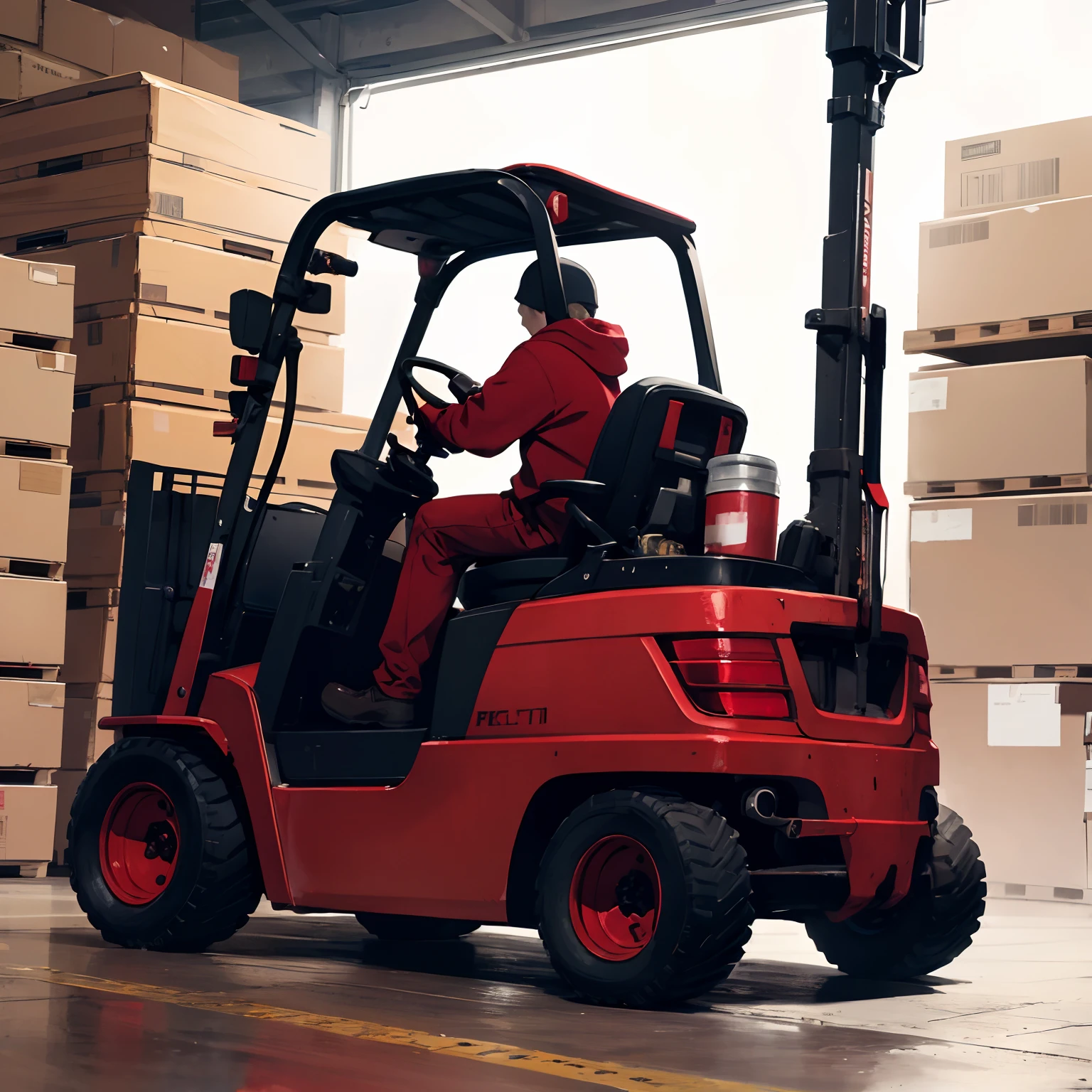 boy,Wear a red sweater with a hood...,Drive a forklift