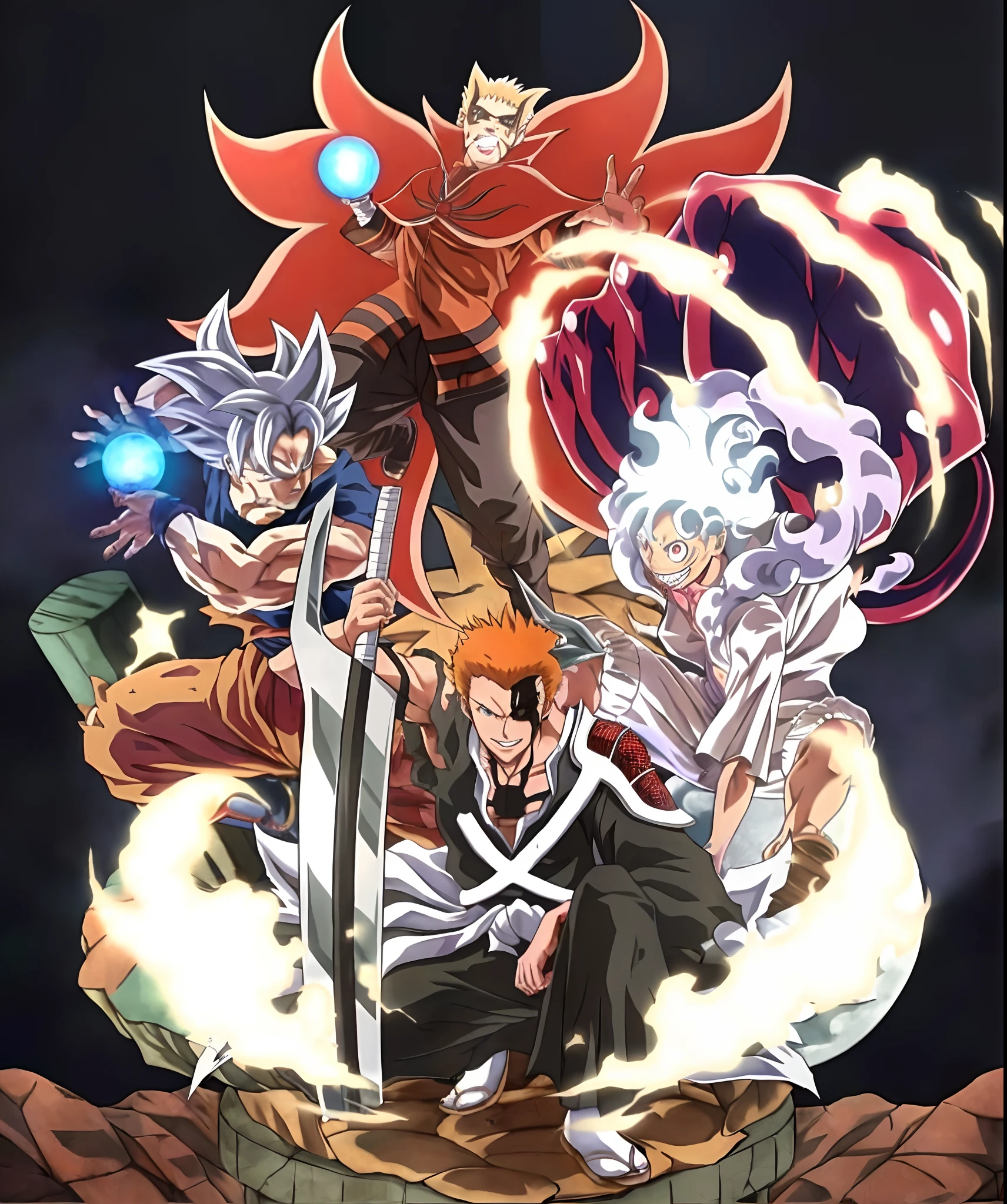um grupo de personagens de anime em cima de uma rocha, arte chave do anime, arte chave, shonen anime, arte oficial do anime, bleach manga style, anime poster, Kimetsu no yaiba, arte completa, key art anime sharp focus, arte promocional, visual chave anime, Obra-prima do anime, chrono gatilho guilty gear estilo, capa de anime, anime!!!! visual chave