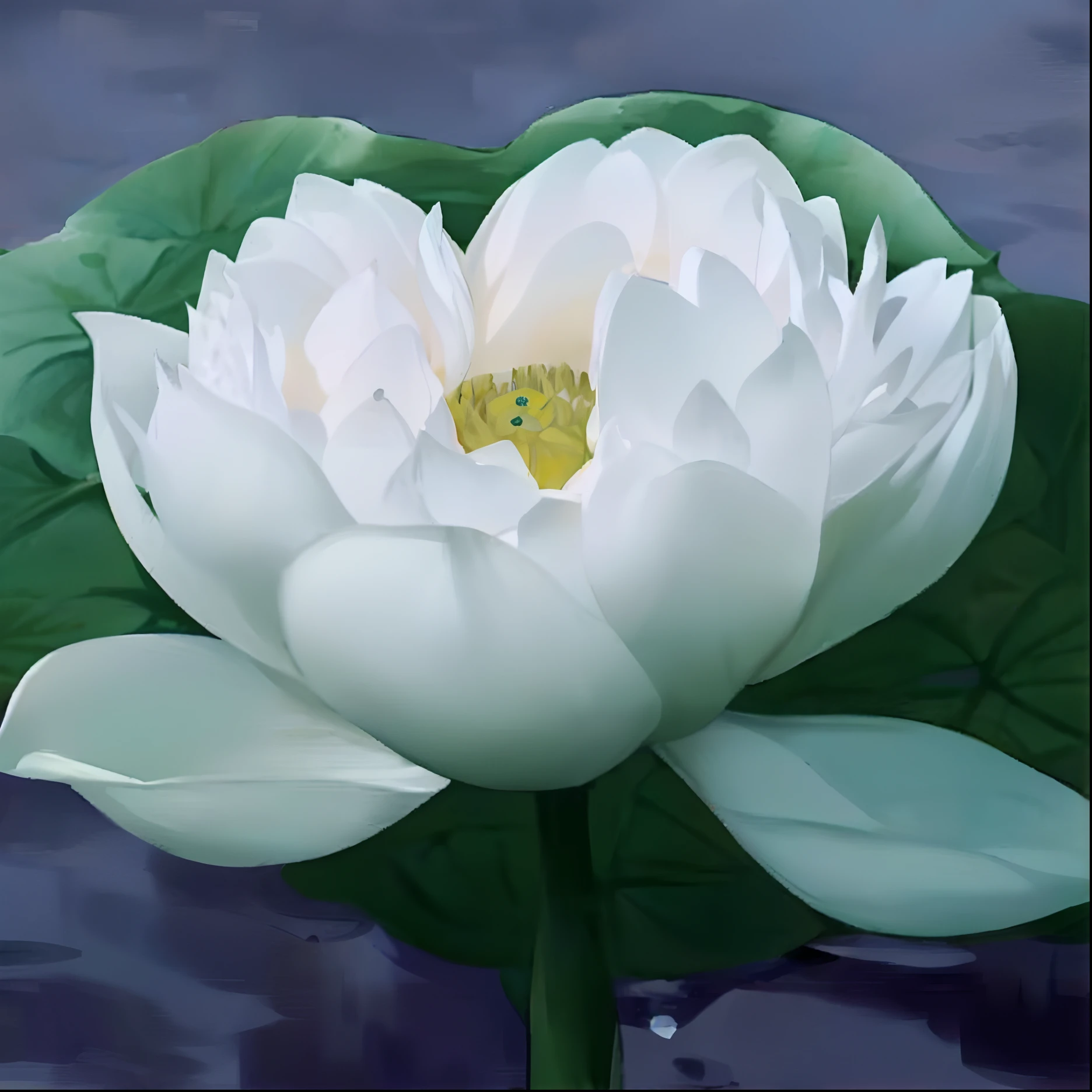 The little white-haired boy stood on the shore on the left, Gaze at a white lotus drifting in the stream