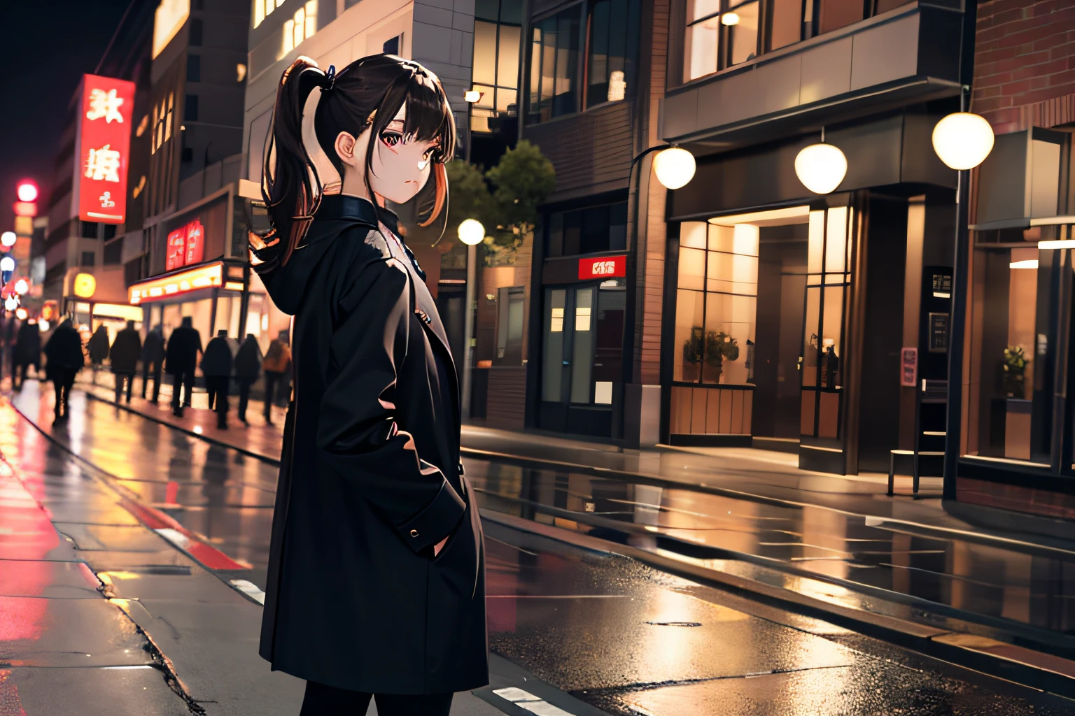 1girll,pony tails,brunette color hair,nightcity,Sateen,coat large,Put your hands in your pockets,standing on your feet,full-body portraits。