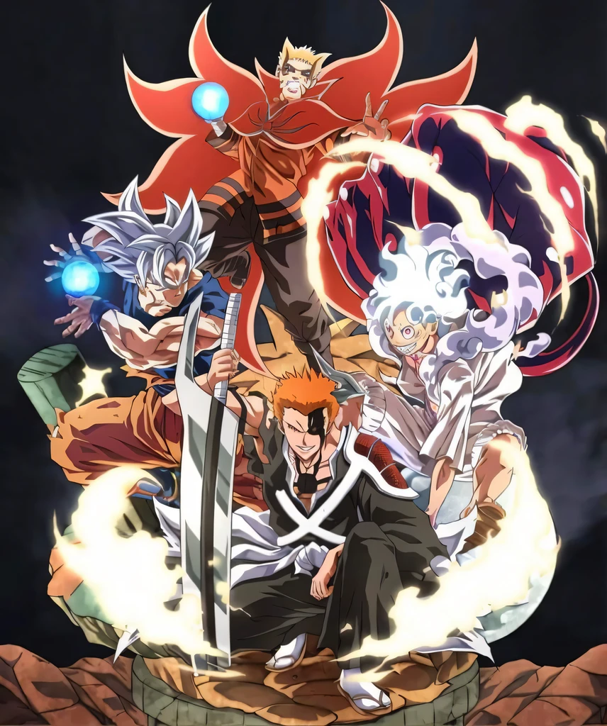 um grupo de personagens de anime em cima de uma rocha, arte chave do anime, arte chave, shonen anime, arte oficial do anime, bleach manga style, anime poster, Kimetsu no yaiba, arte completa, key art anime sharp focus, arte promocional, visual chave anime, Obra-prima do anime, chrono gatilho guilty gear estilo, capa de anime, anime!!!! visual chave