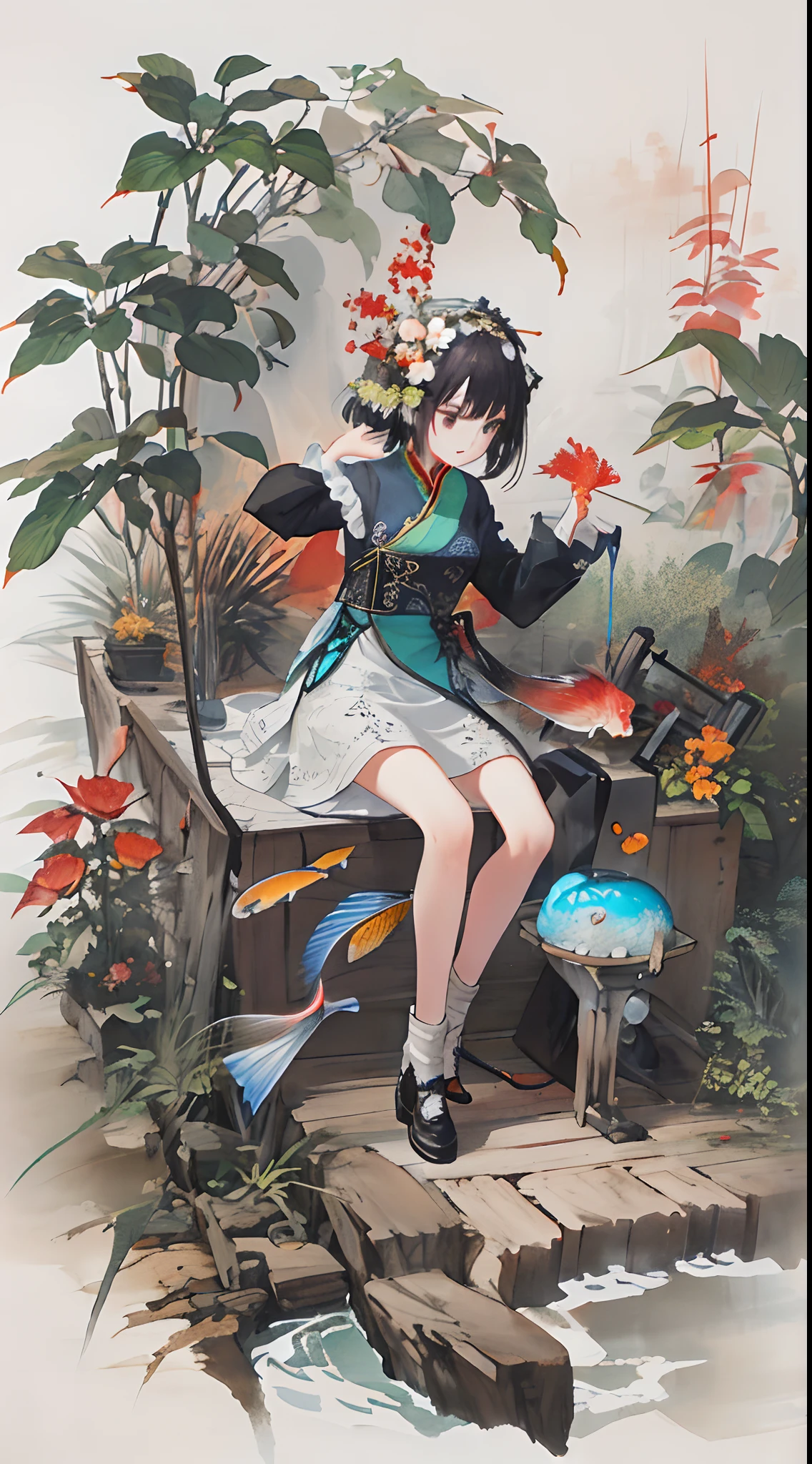 huaniao, [(white background:1.5)::5], mid shot, full body, chinese style, flowers,((fish)),stone fragment, beautiful detailed water,pool,