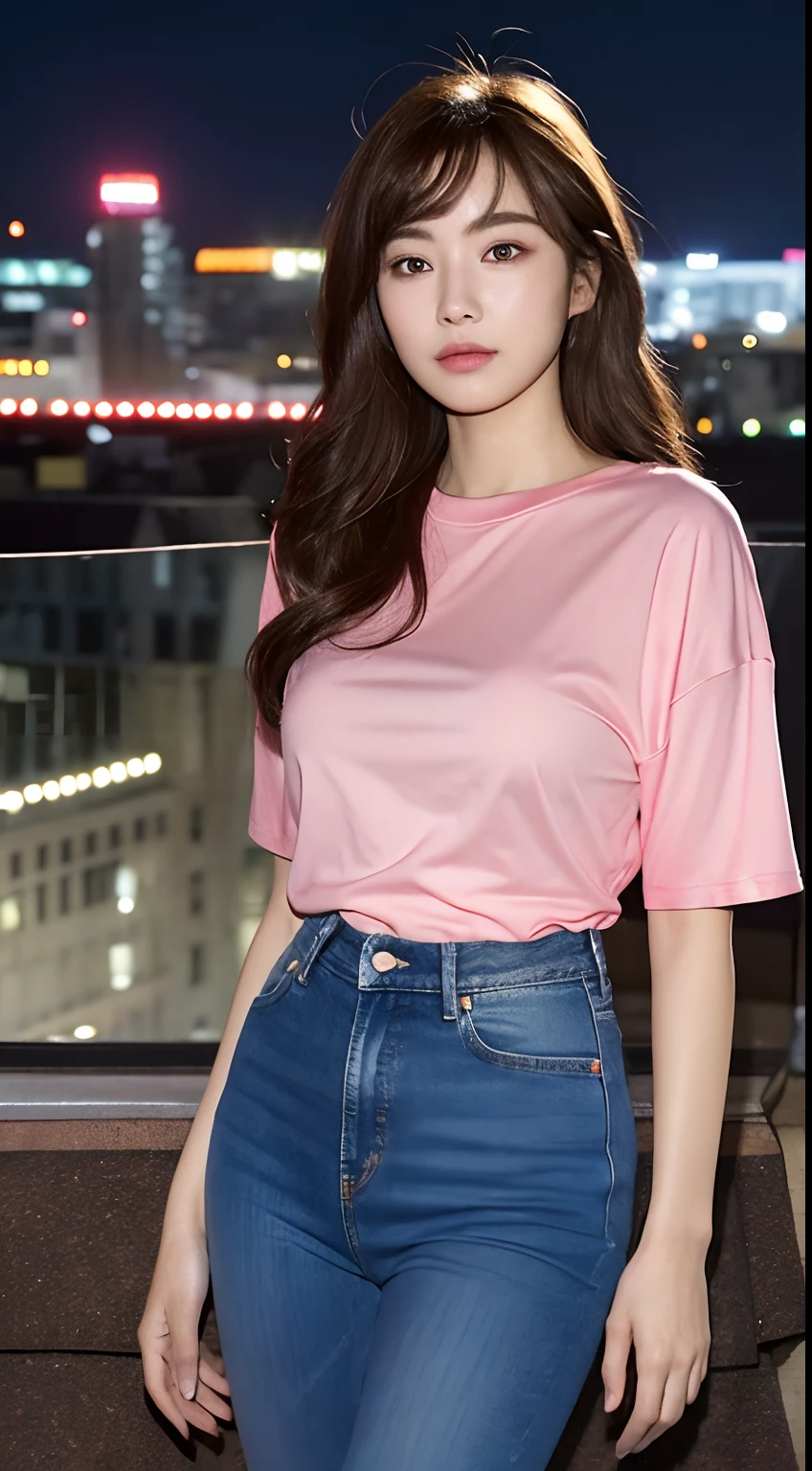 ((midynight, Need, 8k, tmasterpiece:1.3)), full bodyesbian, Long legs, Focalors:1.2, perfect figure beautiful woman:1.4, Slim abs:1.1, ((Brunette hair, huge tit:1.2 )), (Sheer skinny T-shirt, denim pant, standing on your feet:1.2), ((city night scene, the roof:1.3)), Highly detailed facial and skin texture, A detailed eye, 二重まぶた,Pink