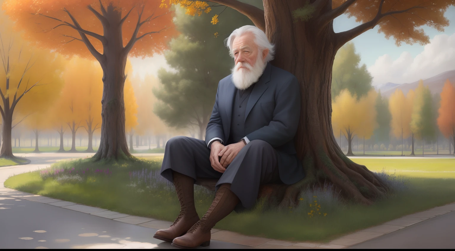 UM HOMEM VELHO, CHARMOSO DE 50 ANOS, COM CABELOS GRISALHOS, SITTING IN A BEAUTIFUL SQUARE, COM ARVORES LAGO E NUVENS, BEAUTIFUL REALISTIC LANDSCAPE OIL PAINTING BEST PERFECT QUALITY