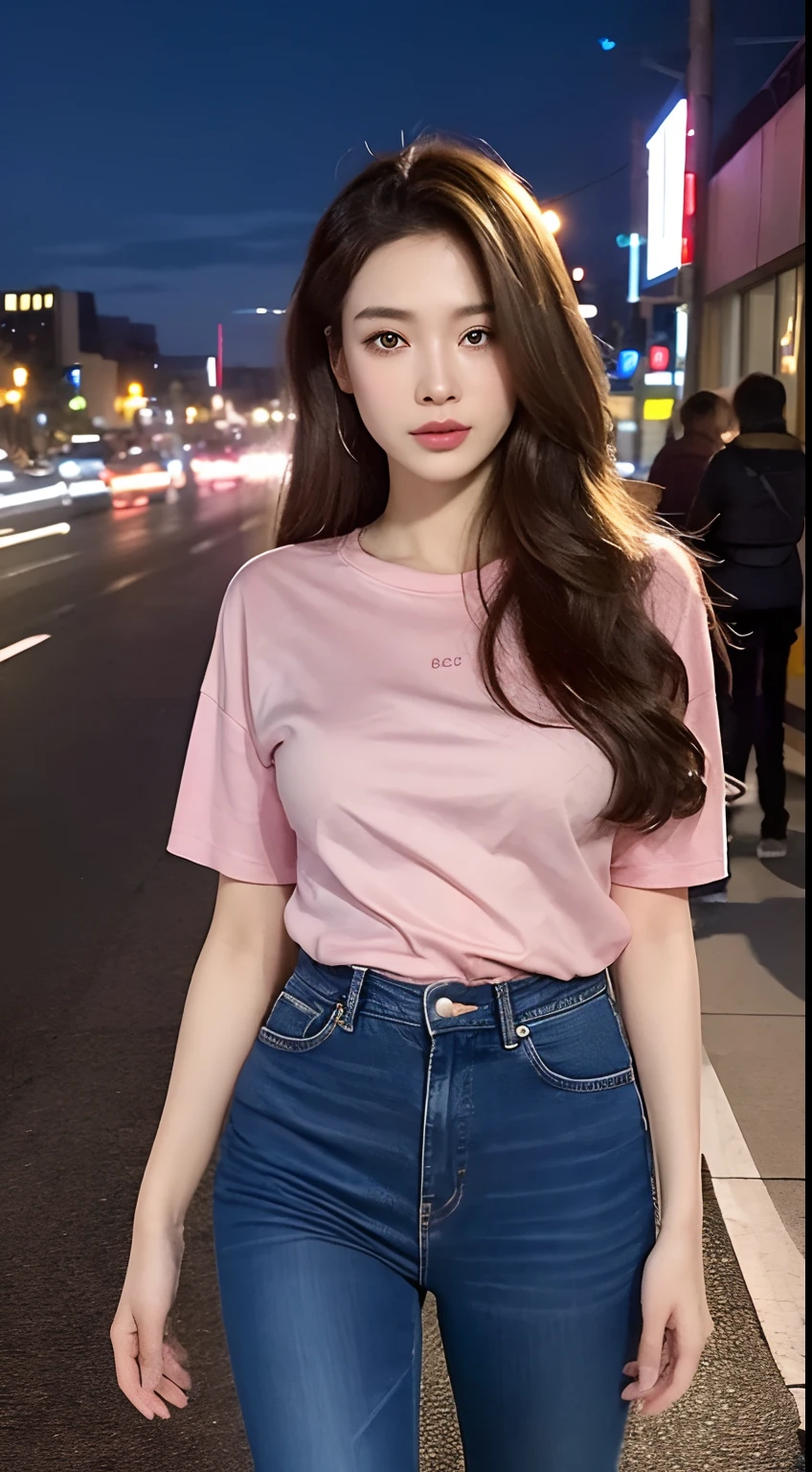 ((midynight, Need, 8k, tmasterpiece:1.3)), full bodyesbian, Long legs, Focalors:1.2, perfect figure beautiful woman:1.4, Slim abs:1.1, ((Brunette hair, huge tit:1.2 )), (Sheer skinny T-shirt, denim pant, standing on your feet:1.2), ((city night scene, the roof:1.3)), Highly detailed facial and skin texture, A detailed eye, 二重まぶた,Pink