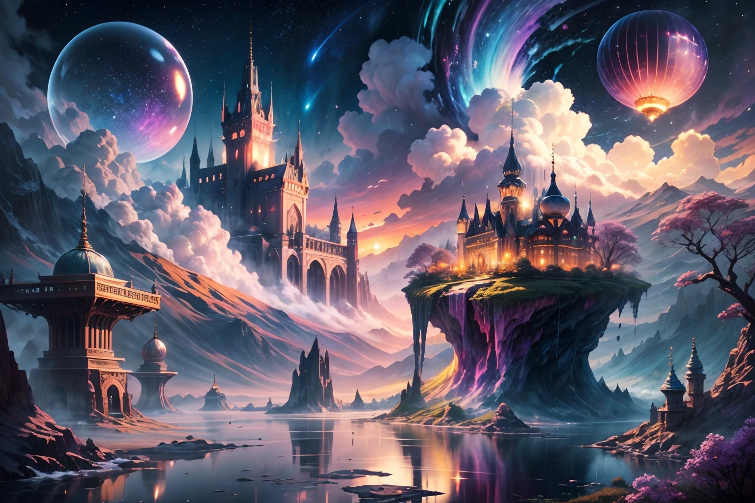 Generate a realistic fantasy landscape with beautiful, ornate romantic buildings, floating islands, crystalline waterfalls streaming from the floating islands, and a dreamy landscape of highly detailed flowers and dreamy watercolors. Cotton candy clouds wisp into beautiful glittering stars across the colorful sky, with a mesmerizing pink and purple Aurora Borealis creating an enchanting atmosphere. The environment is large and awe-inspiring, and this is a macro shot. The general ambience is peace, tranquility, and highly detailed sweetness. Include interesting fantasy elements with colors that complement the rest of the landscape. The sky should be very detailed. The landscape should very detailed. All buildings should be ornate with complex and intricate details. Include a luminous and magical atmosphere, magic bubbles, shimmering colors, many small fantasy details including iridescence, expertly created majestic landscapes, and shimmer and glimmer. Include lots of vibrant colors and vaguely surreal details.