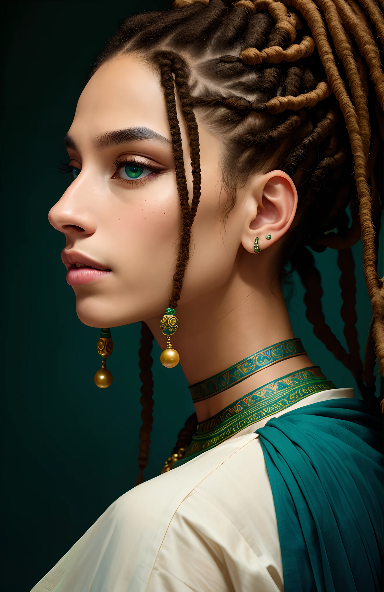 Protrait, photograph, androgynous hunnuman, oval jaw, delicate features, beautiful face, dreadlocked hair, long bangs, long ponytail, bright blue-green eyes, hindu art