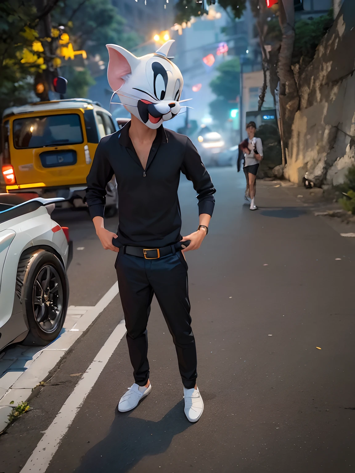 there is a man standing on the street with a cat mask on his head, real-life tom and jerry, tom and jerry, toony, taken with sony alpha 9, very very low quality picture, full body picture, with lovely look, with a cool pose, standing in road, character posing, candid picture, very accurate photo, cartoon character, stylish pose