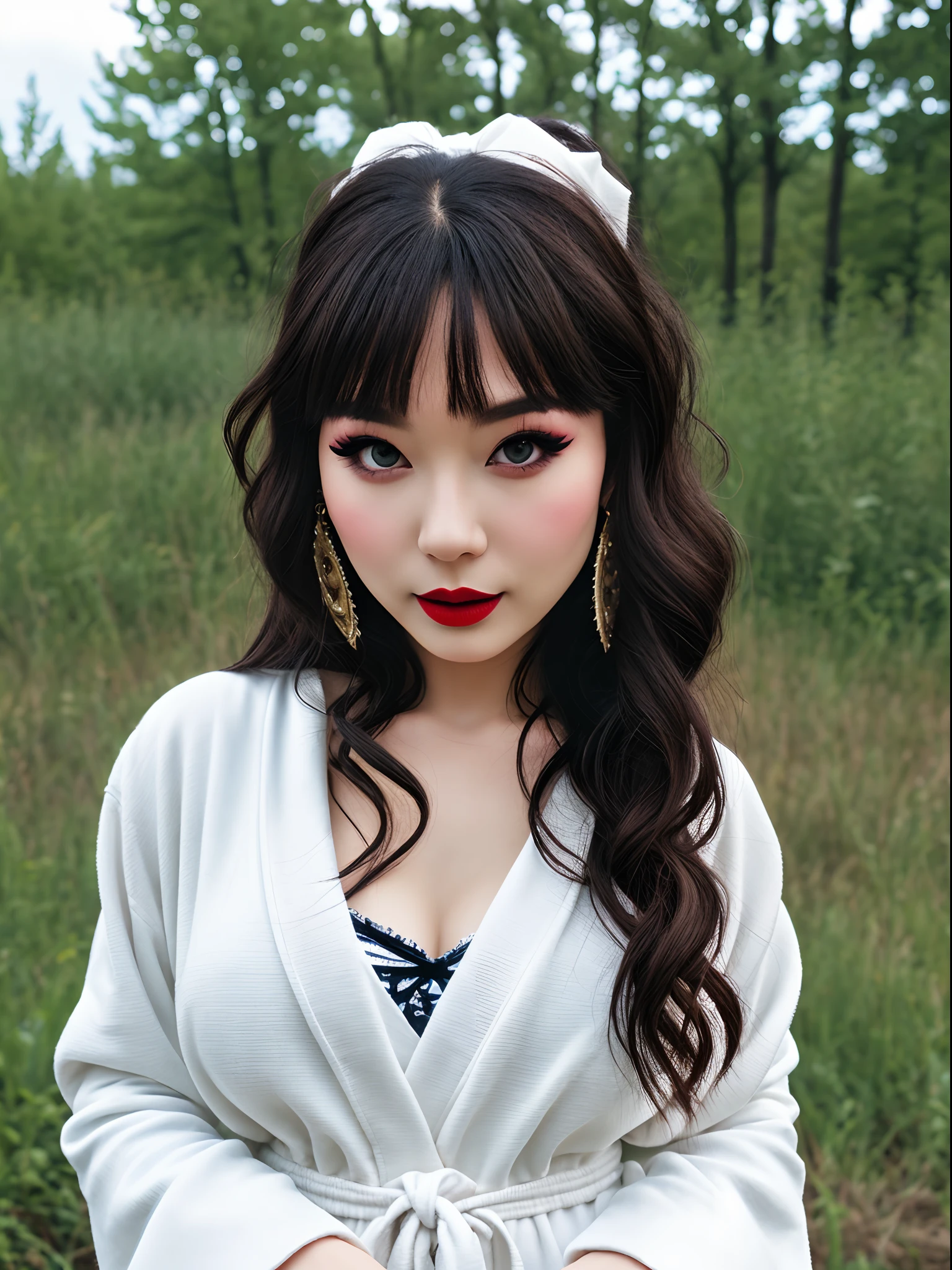 outdoor,full body,lolita,robe,round face,bangs,long hair,exquisite eye makeup,lipstick,large breasts,medium waist,medium thighs,barefoot