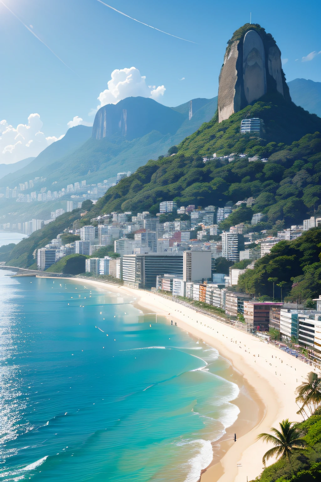 Desenhe uma cena vibrante do Rio de Janeiro, where the iconic Sugar Loaf Mountain rises majestically next to Copacabana beach. The golden sands are full of people enjoying the sun, while surfers catch waves in the blue waters of the ocean. No horizonte, o Cristo Redentor paira sobre a cidade, blessing locals and visitors with his imposing presence. The surrounding hills are filled with colorful and lush houses, framing the unique landscape of Rio de Janeiro.