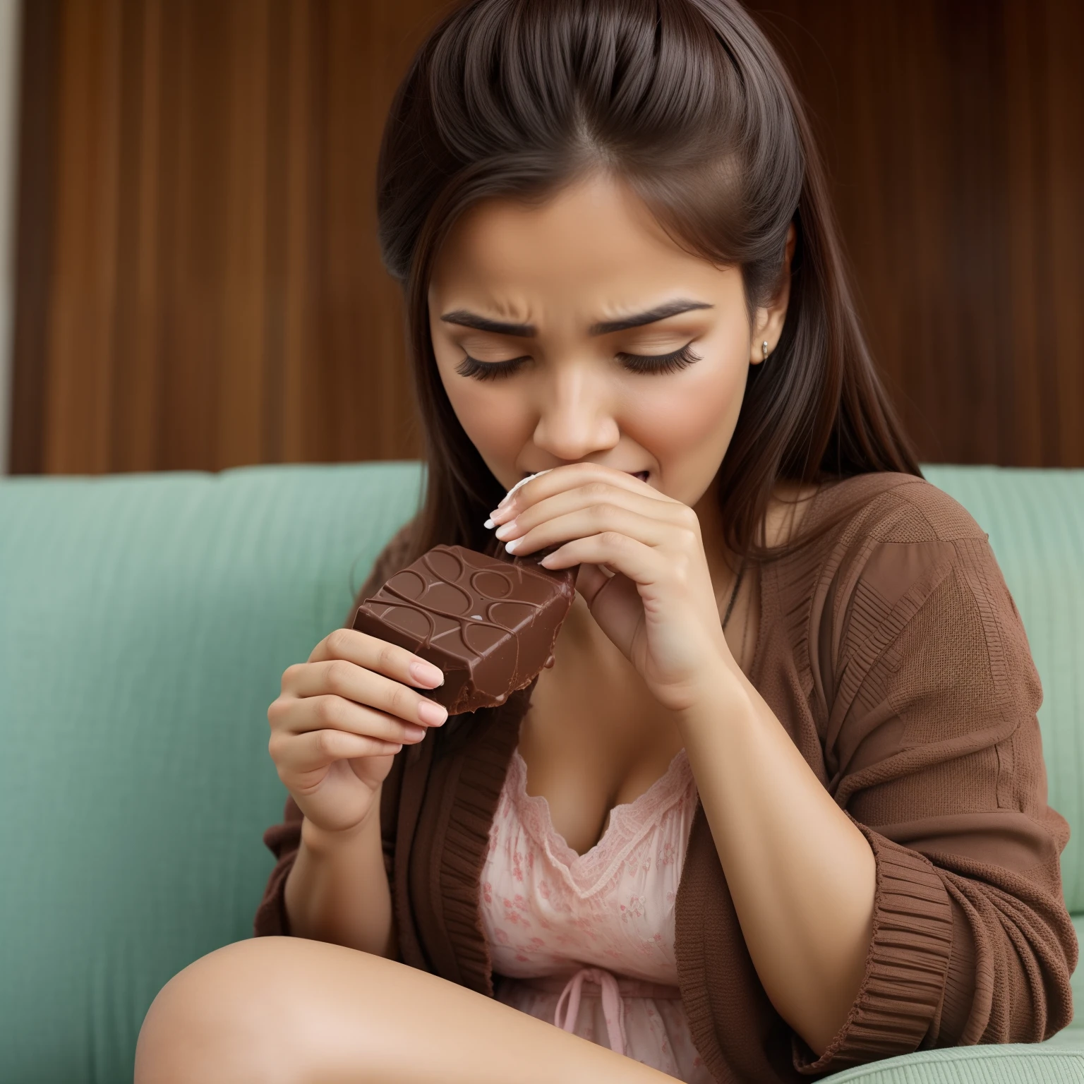 Fazer imagem de uma mulher obesa, She's hungry, sitting on the couch eating chocolate, she is crying, e comendo esse chocolate