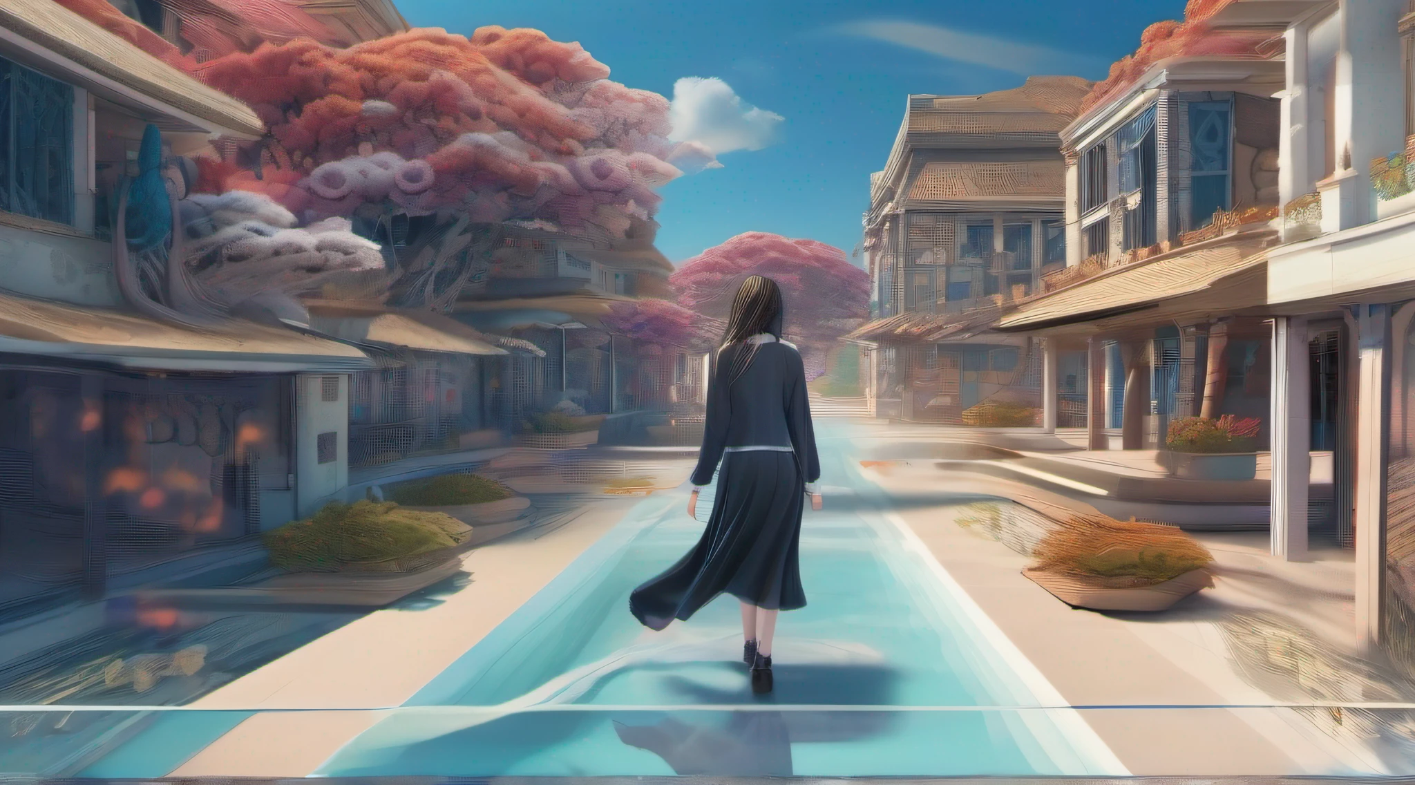 ccurate, best quality, masterpiece, UHD, high details, award winning, (Amazing:1.1), (Surrealism), Conceptual art, Verism, cinematic lighting, panorama, beautiful high school girl, (17 yr old), ((((full body)))), from side, walking, without looking at me, (((wearing school uniform))), black eyes, black hair, (floating hair), ((8 life size)), detailed hairstyles, detailed bodyline, anatomically correct, (((she is lost in a surreal world of dreamlike landscapes))), A floating island in the sky, Quiet village with ruins and colorful houses, shallow sea, Horizon, ((beautiful Blue sea)), blue sky, paradise, many flowers, wind flow, (((fantasy))), frontier, (magnificent space),