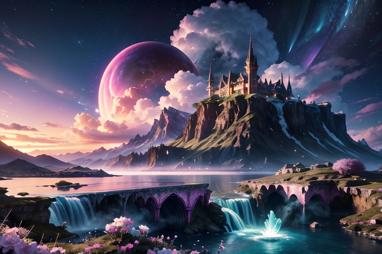 Generate a realistic fantasy landscape with beautiful, ornate romantic buildings, floating islands, crystalline waterfalls streaming from the floating islands, and a dreamy landscape of highly detailed flowers and dreamy watercolors. This is the realms of the gods. Cotton candy clouds wisp into beautiful glittering stars across the colorful sky, with a mesmerizing pink and purple Aurora Borealis creating an enchanting atmosphere. Include many different levels and high visual interest. The environment is large and awe-inspiring, and this is a macro shot. The general ambience is peace, tranquility, and highly detailed sweetness. Include interesting fantasy elements with colors that complement the rest of the landscape. The sky should be very detailed. The landscape should very detailed. All buildings should be ornate with complex and intricate details. Include a luminous and magical atmosphere, magic bubbles, shimmering colors, many small fantasy details including iridescence, expertly created majestic landscapes, and shimmer and glimmer. Include lots of vibrant colors and vaguely surreal details. Camera: Utilize dynamic composition to create interest and excitement. CGI, unreal engine, unity engine, (((masterpiece))), high resolution, 8k