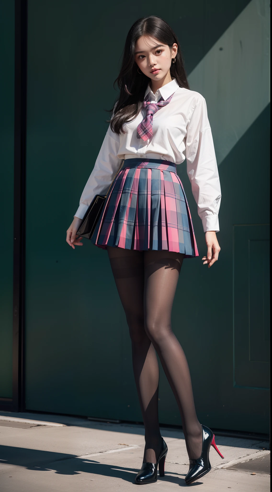 (full body:1.5),(looking at viewer:1.4),(anatomy correct:1.3),(In the paradise of the day:1.3),(Wearing Very thick Pantyhose and JK student uniform plaid pleated skirt and JK uniform high heels leather shoes :1.3), (A high jump posture:1.3),(In pink|amarelo|blue colors|green color|red colour|white colors|black in color|purpleish color|greys|Beige|Flesh color 1.4),,(Accurate and perfect face:1.4),(Clothing Gloss:1.25),(Skin reflection:1.25)A shallow laugh,,hyper HD, Ray traching, reflective light,structurally correct, Award-Awarded, high detal, lightand shade contrast, Face lighting,cinmatic lighting, tmasterpiece, super detailing, high high quality, high detal, best qualityer, 16k,high contrast,