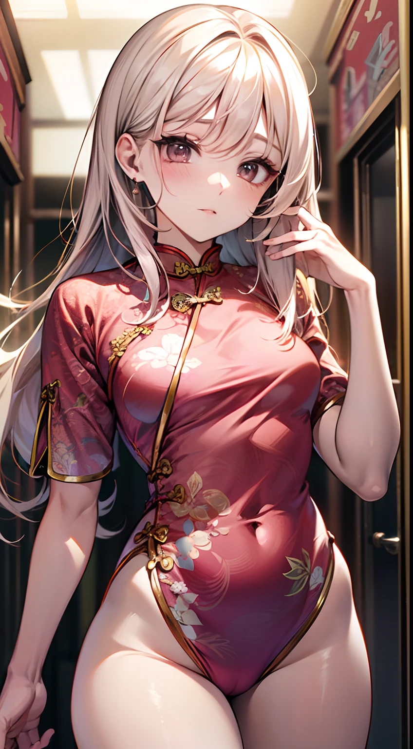 top-quality、超A high resolution、 1 人、((Pink Mini Cheongsam))、cute little、(Kpop Idle)、(Charming Monkey:1)、(Platinum Blonde Hair:1)、((Puffy eyes))、Looking for the observer side、full body Esbian、facing the front there、(thighs thighs thighs thighs)