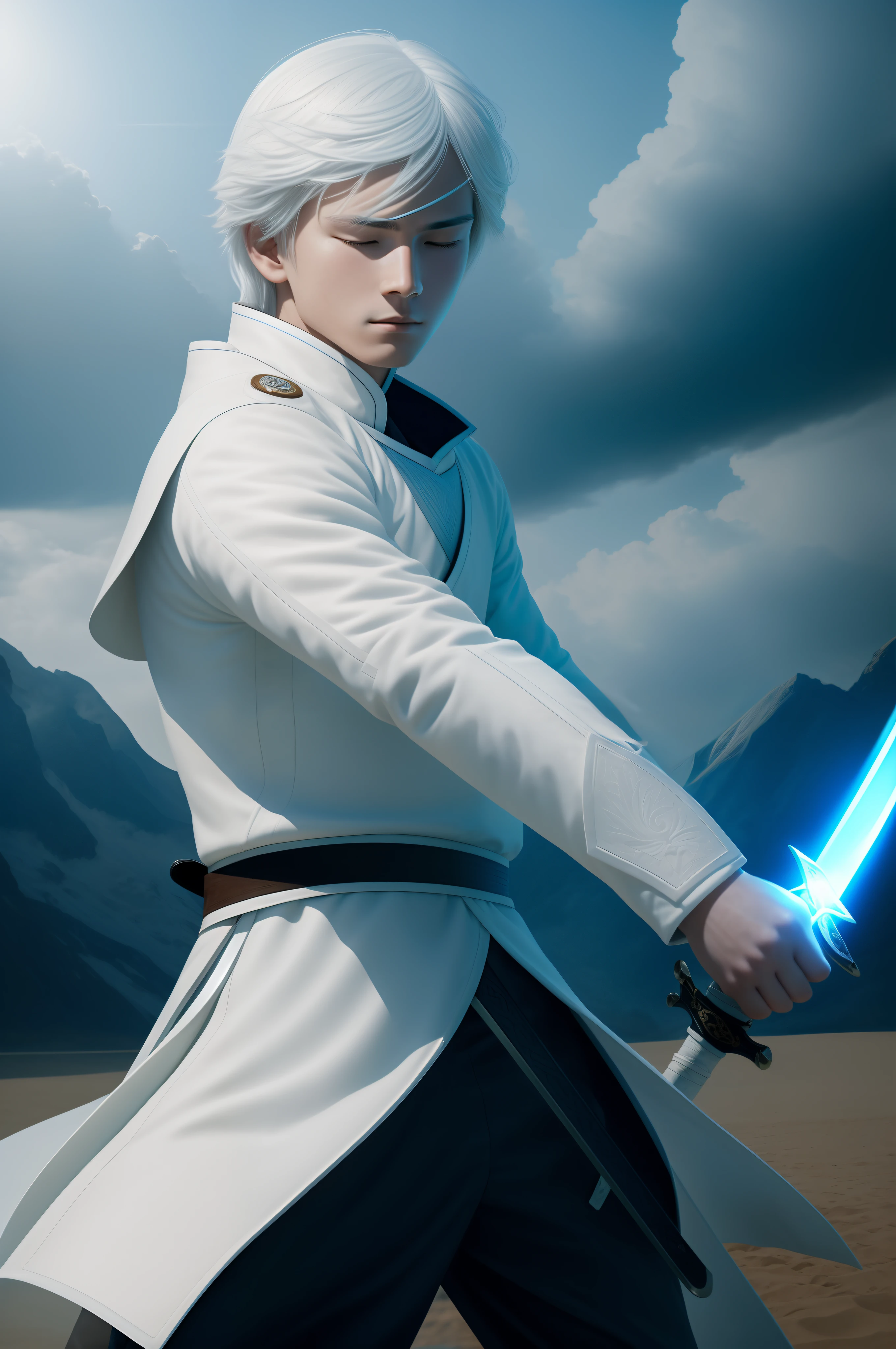 Depicting a blind teenager in high definition,He has long white hair。He holds a white sword in his right hand,In his left hand, he holds a powerful epee。The boy wears a white coat,Stand under the blue sky,Feet stepping on dark brown dirt,With his eyes closed