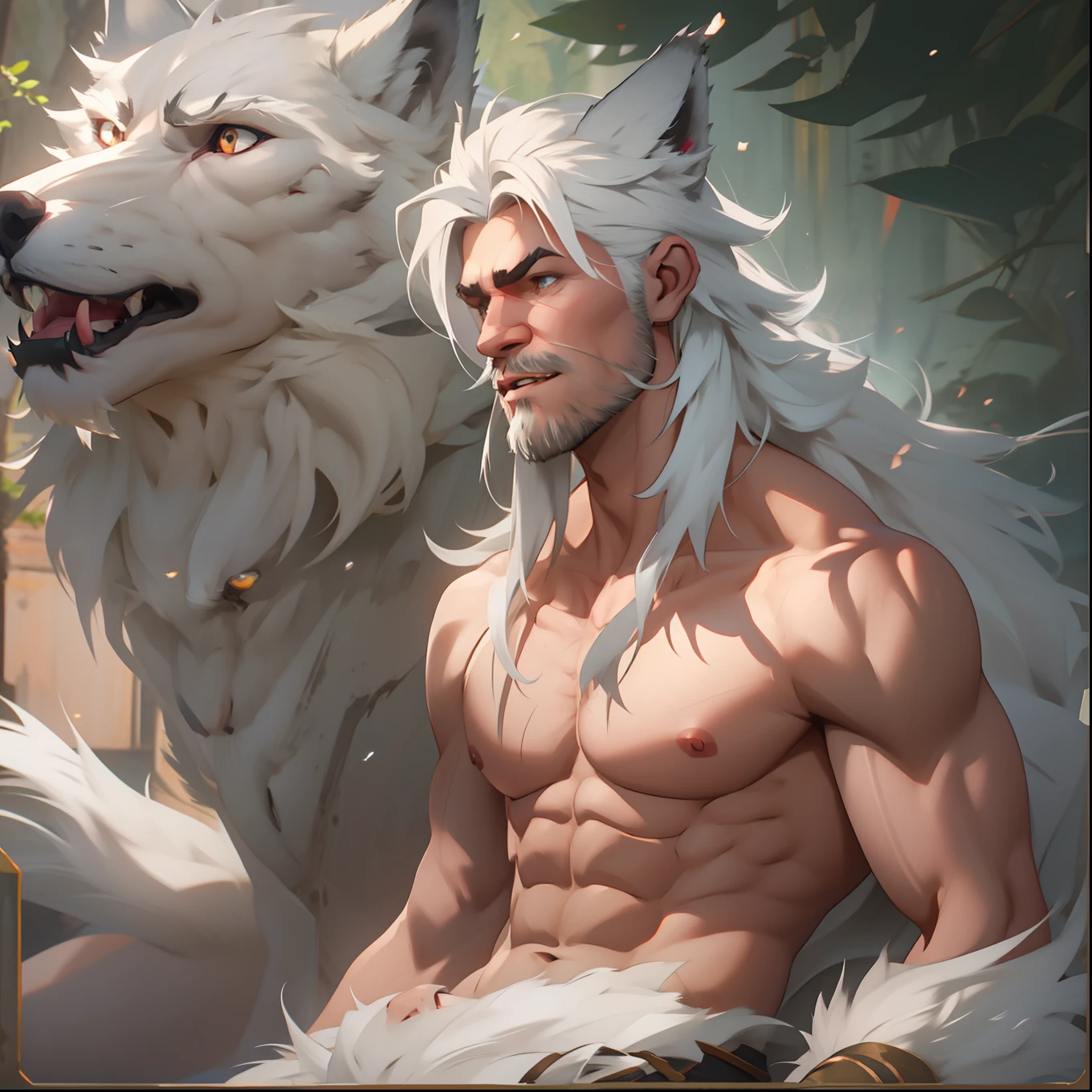 muscular Male with light beard, flowing white hair, has wolf ears, has wolf tail, shirtless, happy, playful, solo, alone,
