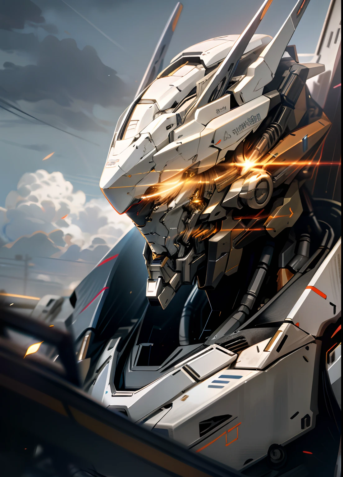 Skysky,clouds,holding_weapon,no_humans,with light glowing,,droid,buliding,glowing_eyes,mecha,scientific fiction,城市,Realistis,mecha,head,finely complex
