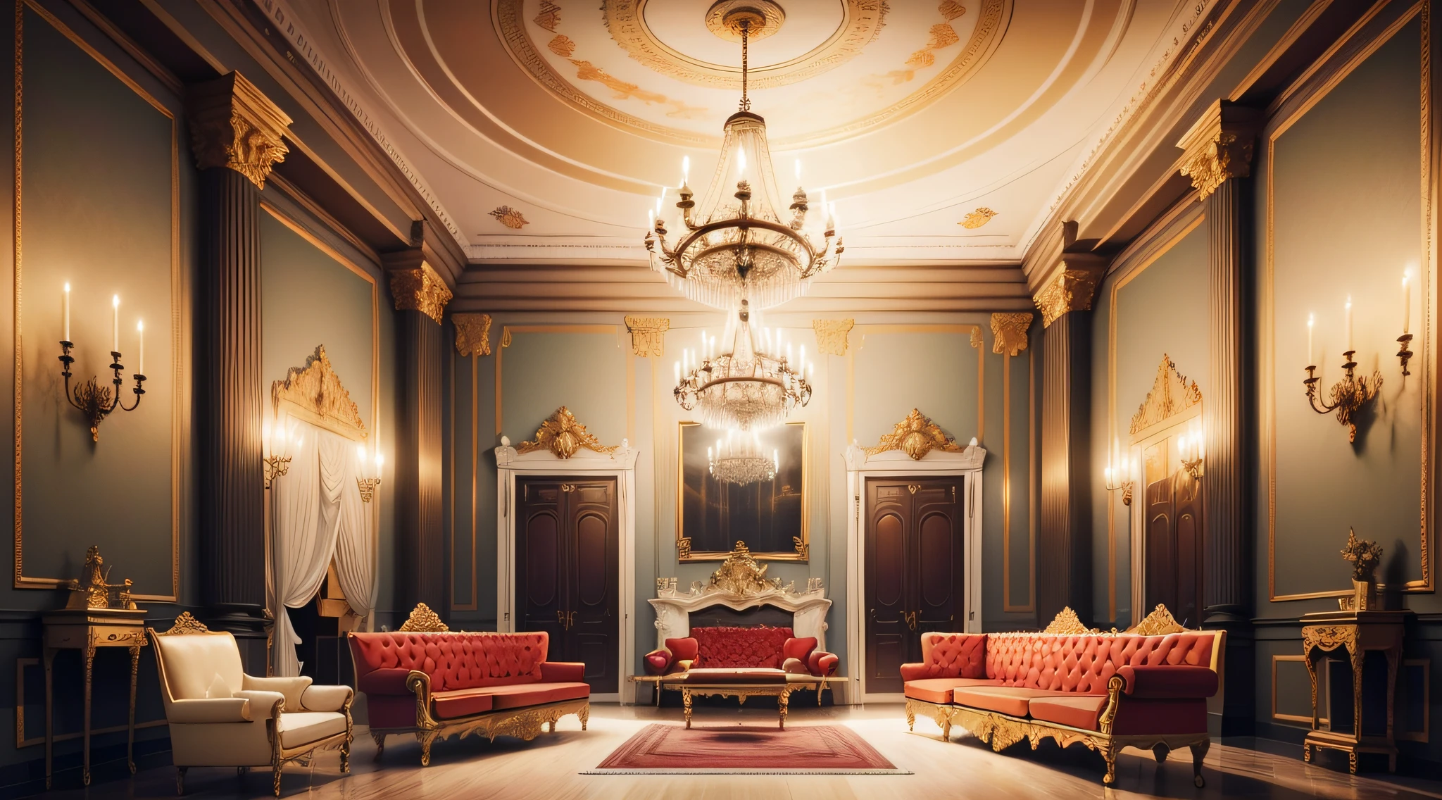 there is a room with a couch and a table in it, neo-rococo expressionist style, inside a grand ornate room, the style of rococo, rococo and baroque styles, inspired by Charles-André van Loo, inspired by Charles Le Brun, baroque environment, baroque style painting backdrop, great masterpiece, baroque interior, marble room