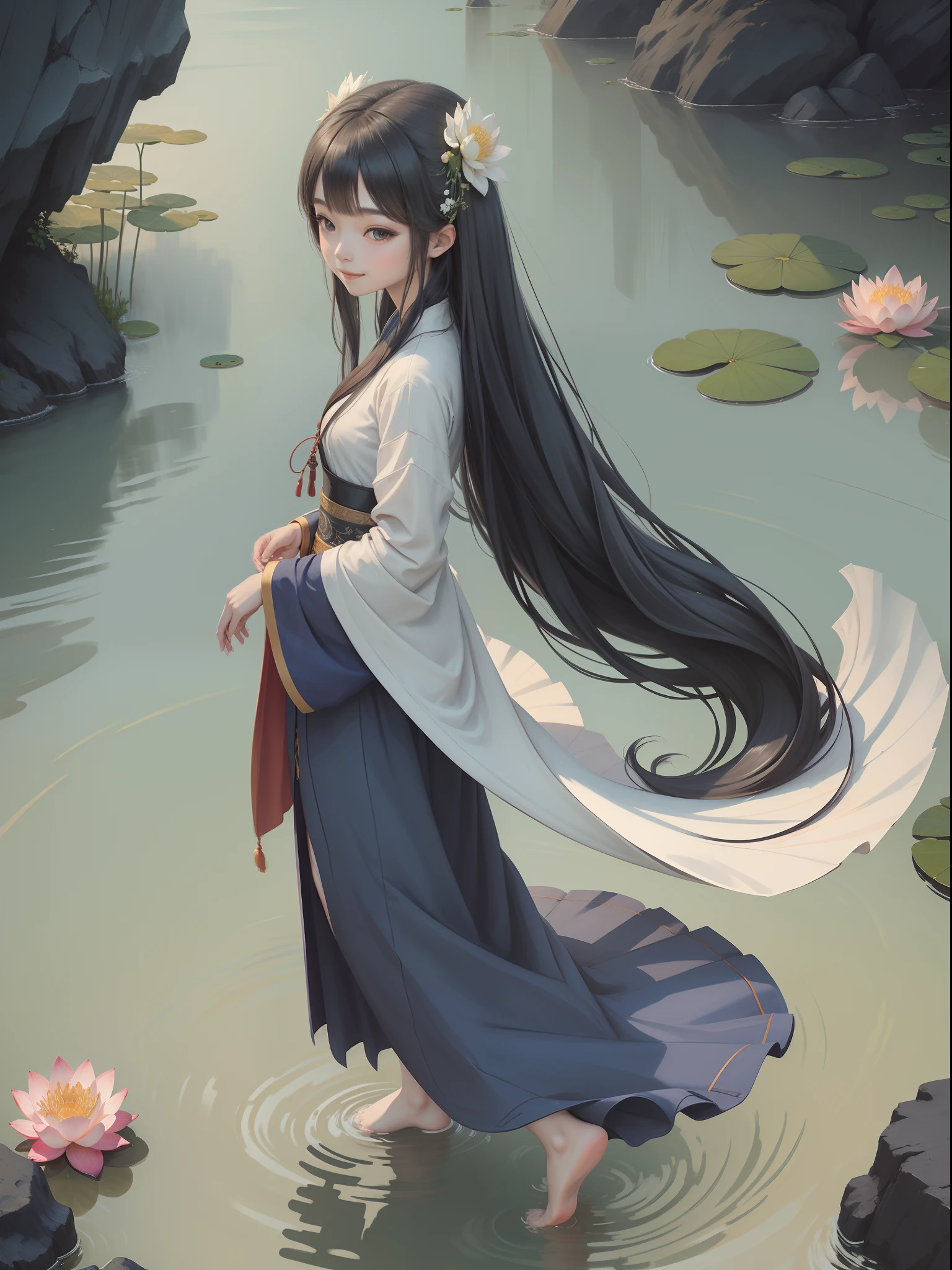 ((4k,masterpiece,best quality)), shuimobysim, traditional chinese ink painting, lotus, hanfu, maxiskit, dress conservatively 1girl, solo, long blue hair, smile, standing, feet in the water, barefoot,