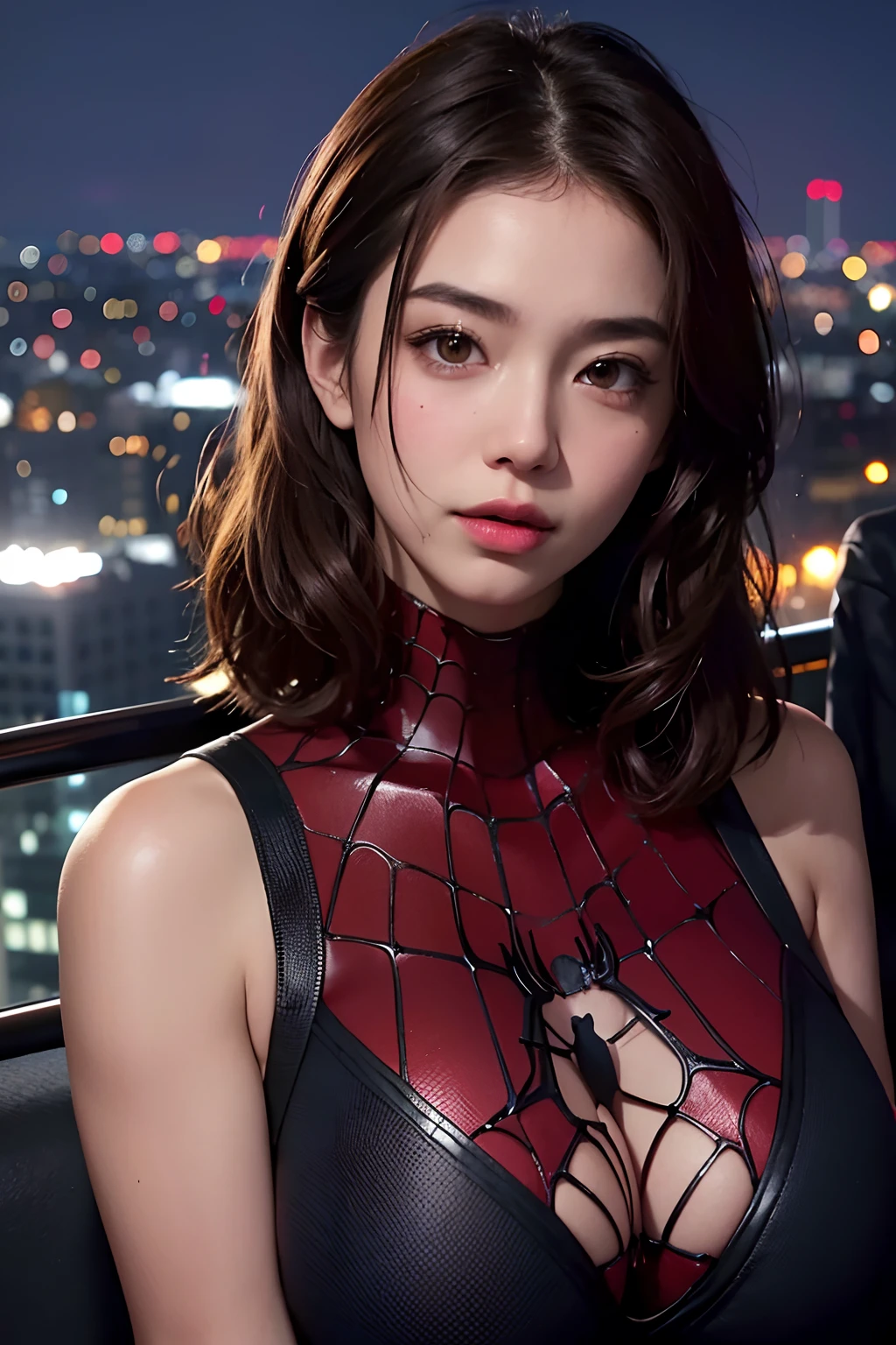 1girl, natta, view over city, City lights, Upper body, closeup cleavage, 8k, RAW photos, best qualtiy, tmasterpiece, realisticlying, photograph realistic,spider-man suit,super gigantic boobs,thick thight,Asian faces,short detailed hair,brunette color hair