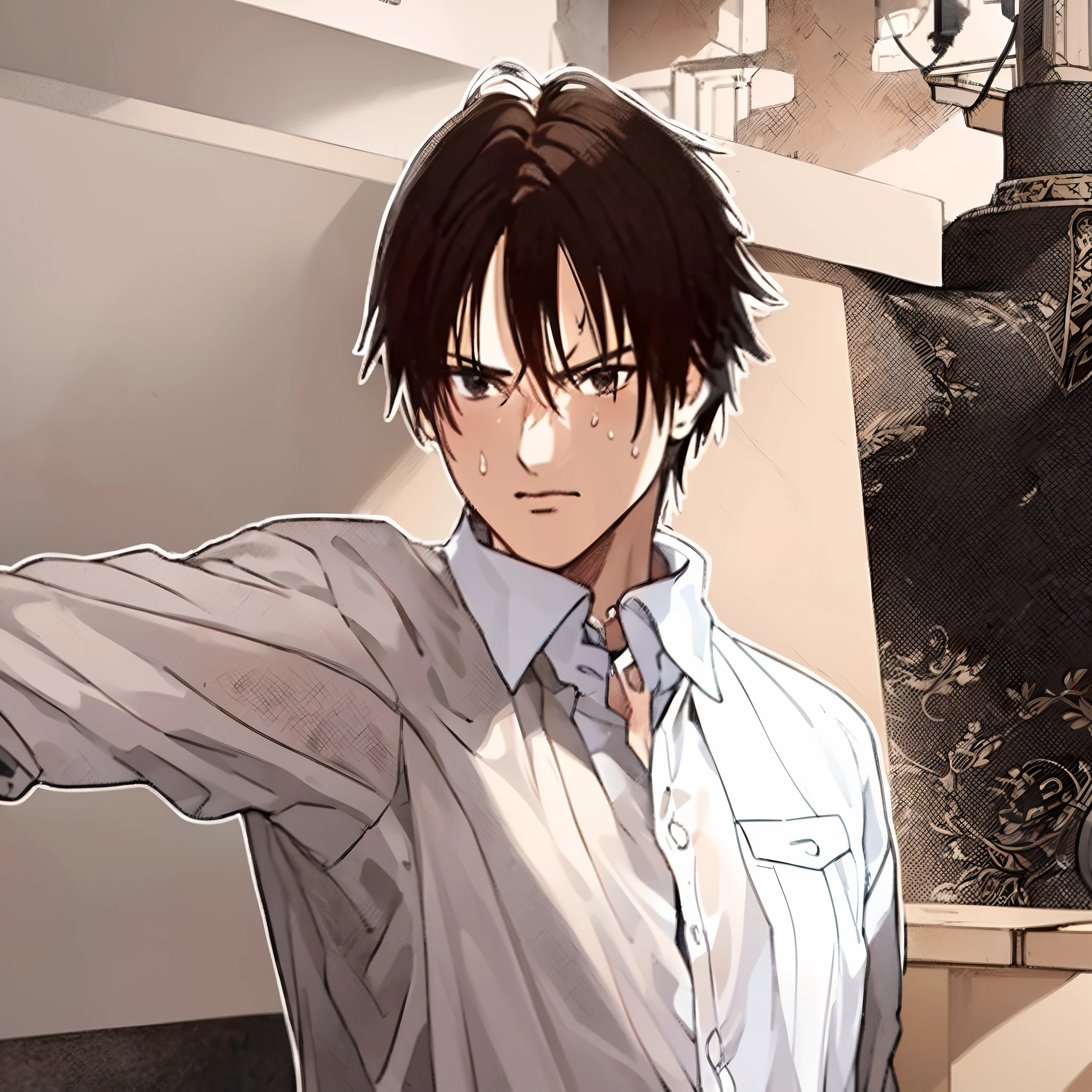 "masterpiece, high quality illustration, high detailed background, ultra detailed lighting, high detailed shadow, male protagonist with wet shirt and brown hair, The intense gaze of his brown eyes captures the attention, as the wet fabric clings to his well-defined physique, emphasizing his sweat and adding an enticing touch of transparency to the long sleeves of his collared white shirt."