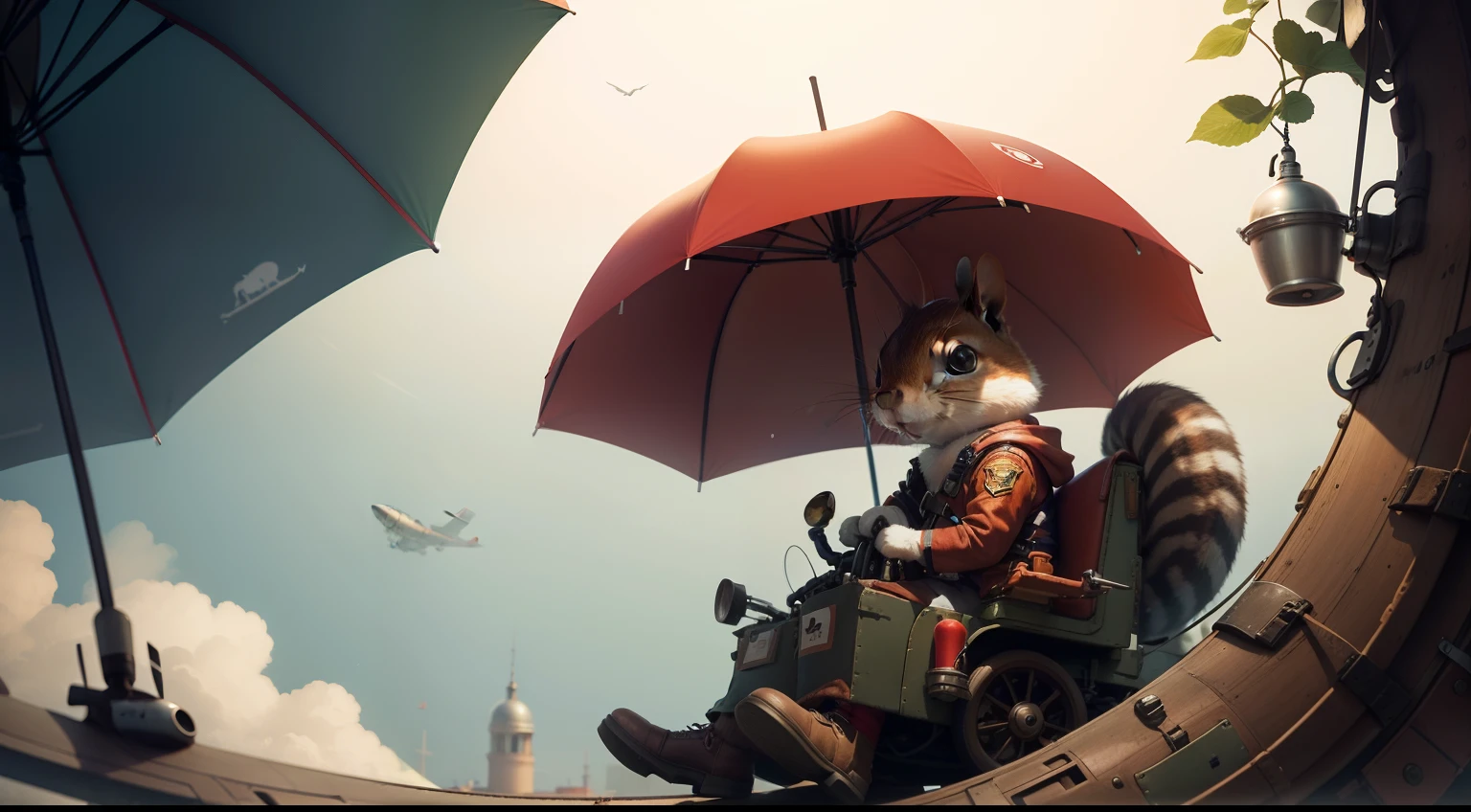 Squeaky wearing a pilot's hat, sitting in his squirrel-sized cockpit made of umbrellas and springs.