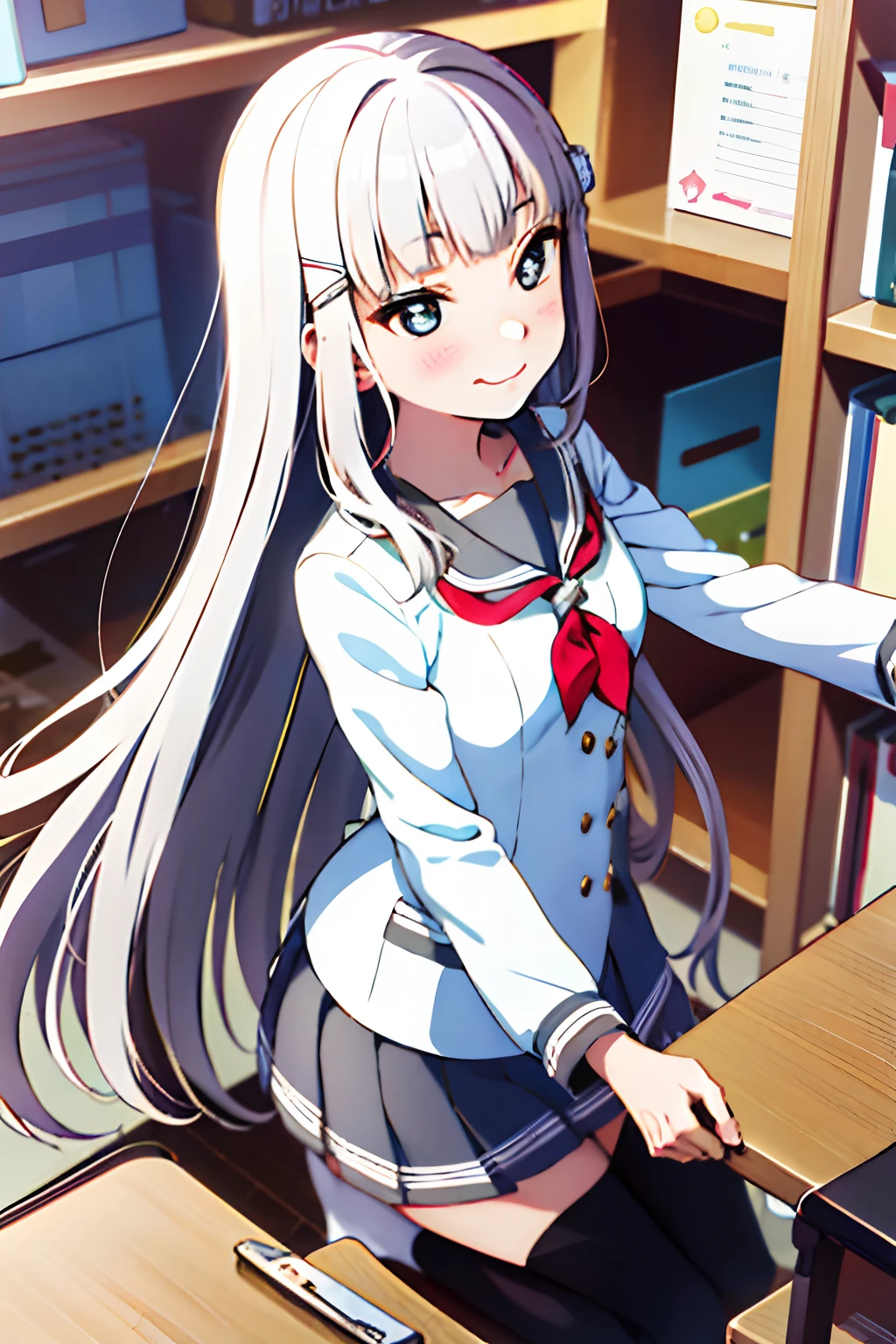 tmasterpiece， Best quality at best， 1girll， long whitr hair， mediuml breasts， Sakurakoka school uniform， Suit school uniform， tiese， pleatedskirt， White Serafou， Gray skirt，red color eyes， hair adornments， parted lip， Blushlush， ‎Classroom，