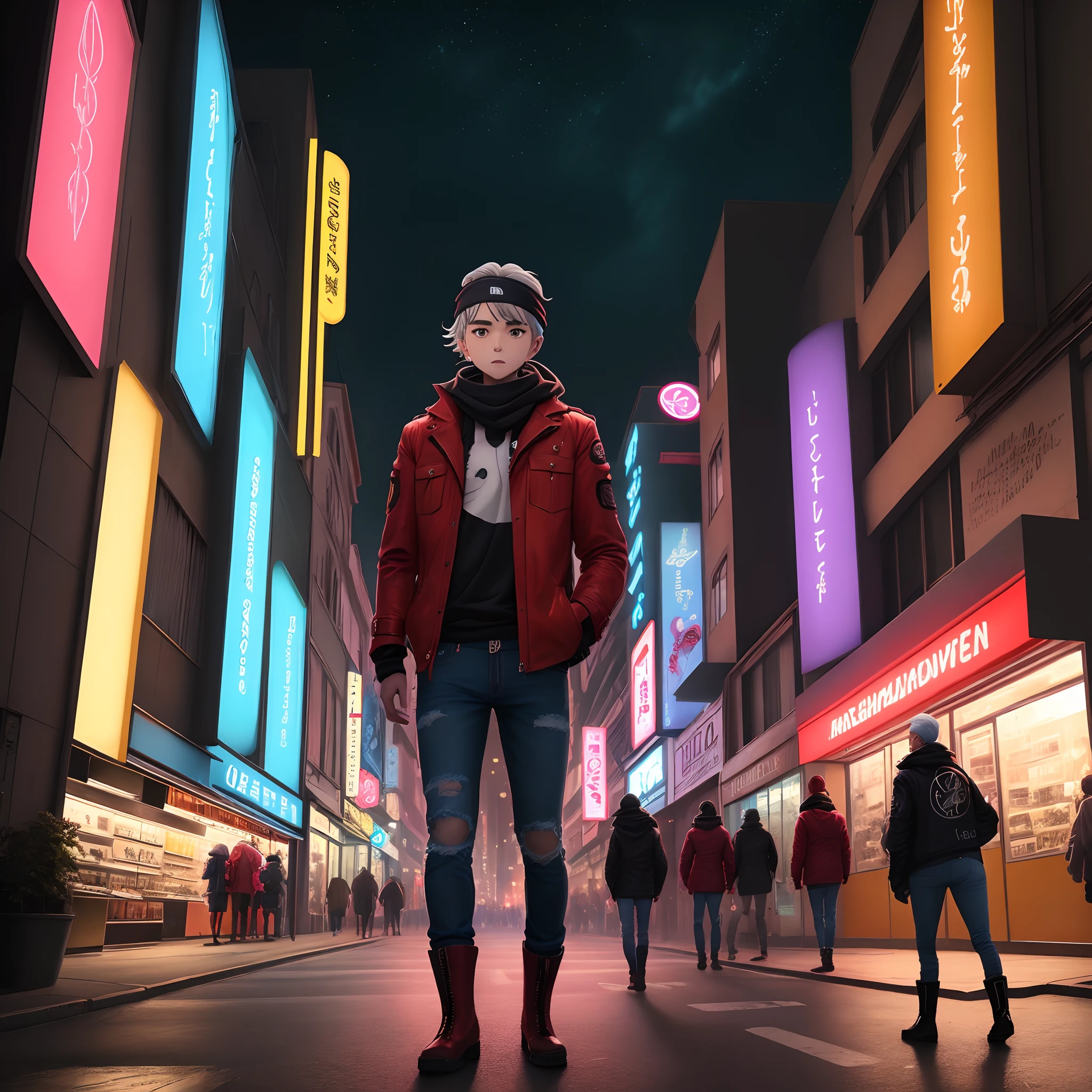retrato, neon light, 1 menino, estilo shonen, cabelo ruivo espetado, roupa preta e vermelha, jaqueta de couro, jeans, Botas, bandana, Fresco, olhos azuis, corpo inteiro, Color city background at night with futuristic buildings and holograms