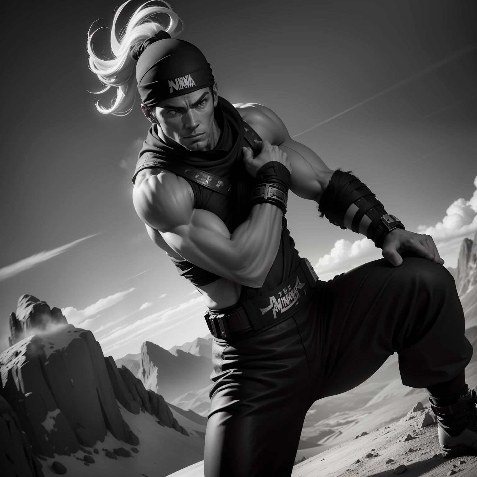 Ninja warrior on a mountain realistic black and white image 8k resolution 19:1