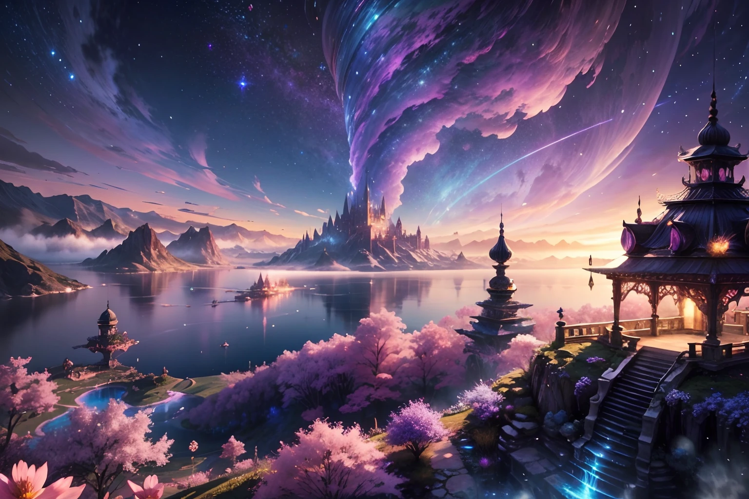 Generate a realistic fantasy landscape with beautiful, ornate romantic buildings, floating islands, crystalline waterfalls streaming from the floating islands, and a dreamy landscape of highly detailed flowers and dreamy watercolors. This is the romantic realms of the gods. Cotton candy clouds wisp into beautiful glittering stars across the colorful sky, with mesmerizing pink and purple lights creating an enchanting atmosphere. Include many different levels and high visual interest. The environment is large and awe-inspiring, and this is a macro shot. The general ambience is peace, tranquility, and highly detailed sweetness. Include interesting fantasy elements with colors that complement the rest of the landscape. The sky should be very detailed. The landscape should very detailed. All buildings should be ornate with complex and intricate details. Include a luminous and magical atmosphere, magic bubbles, shimmering colors, many small fantasy details including iridescence, expertly created majestic landscapes, and shimmer and glimmer. Include lots of vibrant colors and vaguely surreal details. Camera: Utilize dynamic composition to create interest and excitement. CGI, unreal engine, unity engine, (((masterpiece))), high resolution, 8k