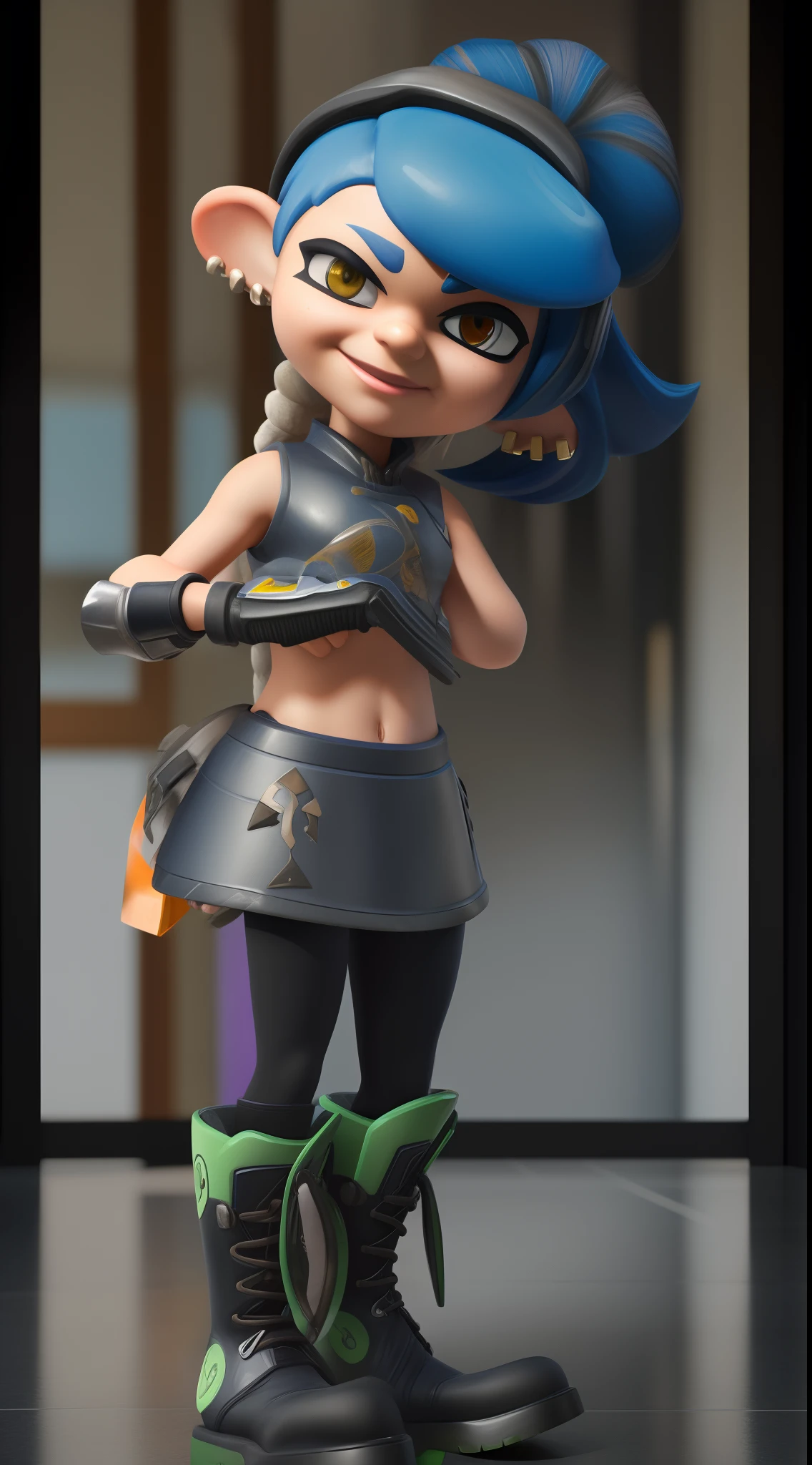 Inkling male, (8k, RAW photo, best quality, masterpiece: 1.2, full body portrait), (realistic, photorealistic: 1.37), 1 girl, ultra high quality, solo focus, light armor, combat boots, blue hair, medium length hair, ponytail