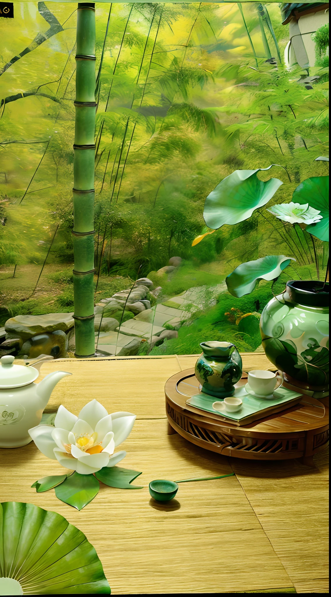 There is a small table with a vase with bamboo inserted in the vase, celadon glaze, a DSLR camera photo with bamboo leaves on the table, lotus, celadon glaze, a photo taken with a Nikon D 7 5 0, a photo taken with a Nikon D750, porcelain, a photo taken with a Sony A7R, in the afternoon, a bamboo leaf on the table, a tea ceremony scene