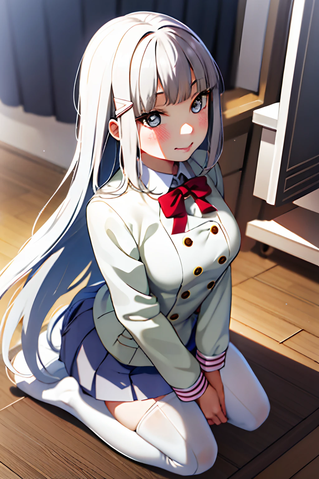 tmasterpiece， Best quality at best， 1girll， long whitr hair， mediuml breasts， Sakurakoka school uniform， Suit school uniform， tiese， pleatedskirt， White Serafou， Gray skirt，red color eyes， hair adornments， parted lip， Blushlush， ‎Classroom，