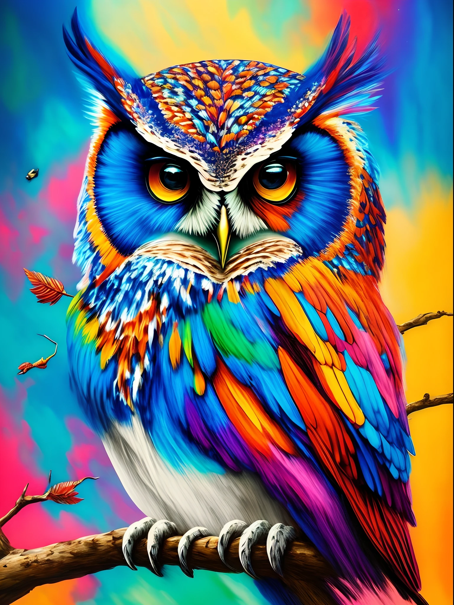 Brightly colored owl sitting on a branch with bits of paint, Arte de Alessandro Pautasso, lleno de colores y ricos detalles, Radiant owl, colores brillantes muy detallados, Hermoso arte UHD 4 K, Colores de alto detalle, pintado en acuarelas brillantes, lleno de colores, Pintura detallada 4 K, colorido hiperdetallado, extremadamente colorido, Ilustraciones coloridas, Pintura colorida
