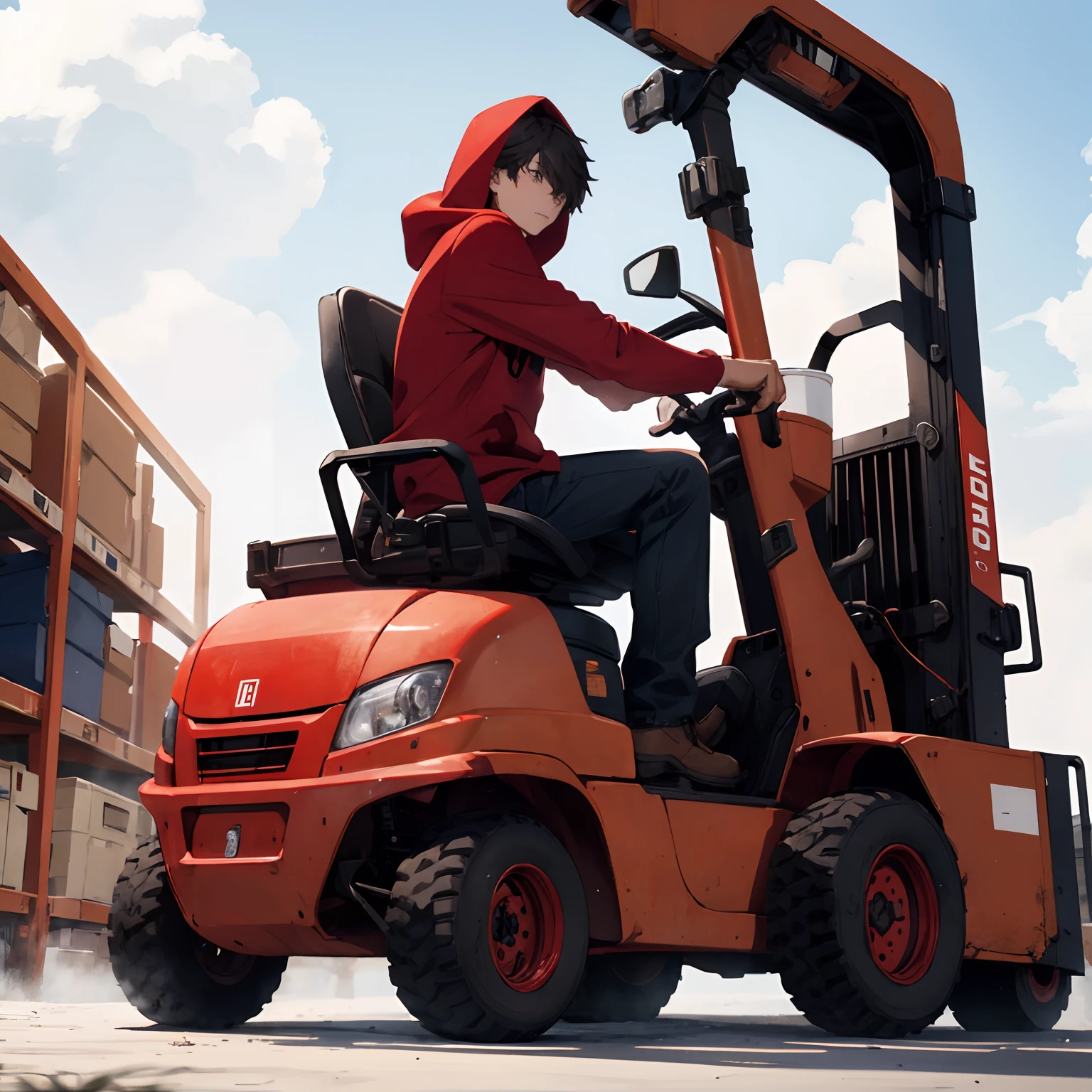 boy,Wear a red sweater with a hood....,Drive a forklift