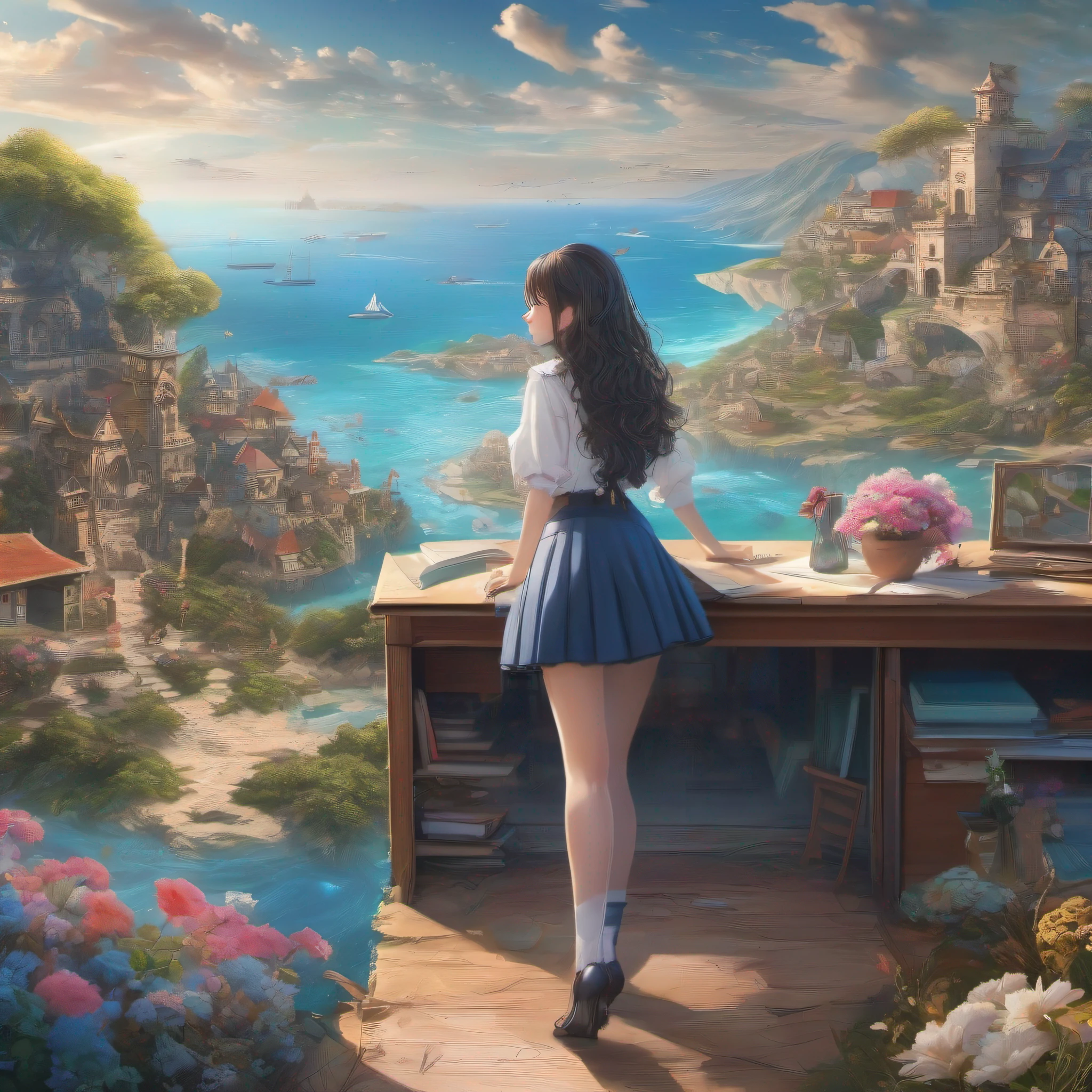ccurate, best quality, masterpiece, UHD, high details, award winning, (Amazing:1.1), (Surrealism), Conceptual art, Verism, cinematic lighting, panorama, (((((beautiful school girl))))), (17 yr old), ((((full body)))), from behind, walking, without looking at me, (((wearing school uniform))), black eyes, black hair, (floating hair), ((8 life size)), detailed hairstyles, detailed bodyline, anatomically correct, (((she is lost in a surreal world of dreamlike landscapes))), A floating island in the sky, Quiet village with ruins and colorful houses, shallow sea, Horizon, ((beautiful Blue sea)), blue sky, paradise, many flowers, wind flow, (((fantasy))), frontier, (magnificent space),