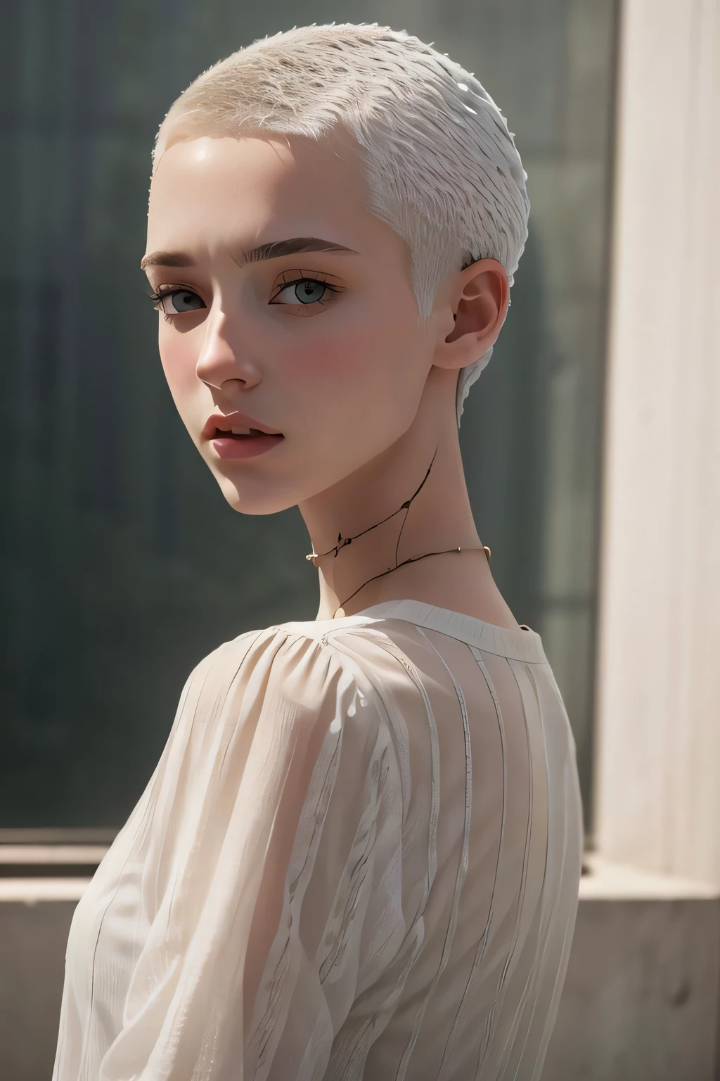 masterpiece, realistic, 8k, (1woman:1.3), european, hazelnut green eyes, white shirt, (blonde hair:1.1) , short-cut,(buzz-cut:1.3),