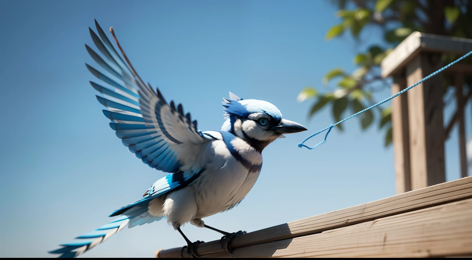 Jibber the blue jay pulling the launch rope, his wings flapping in excitement.