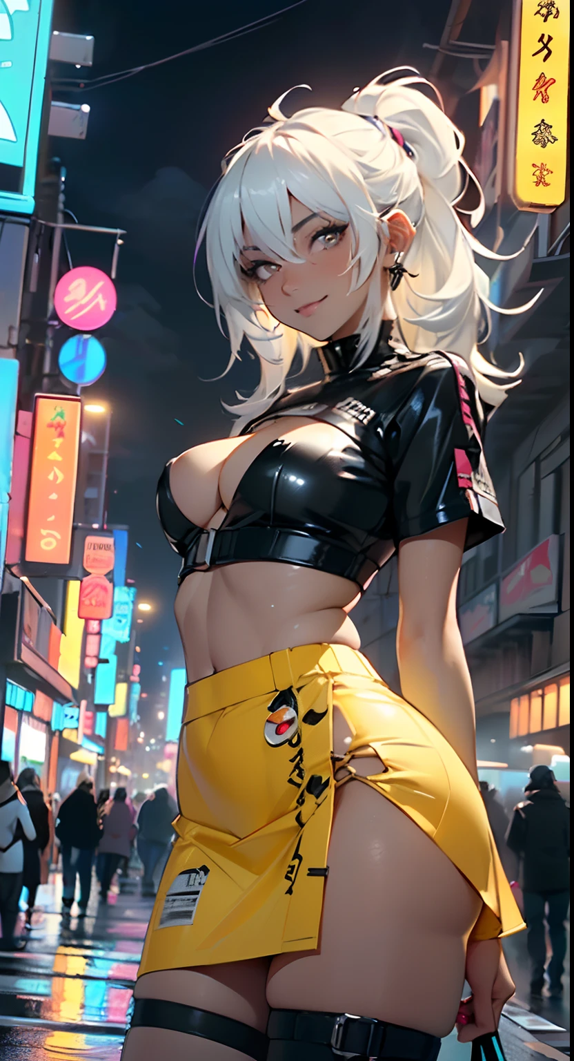 dark skin,very dark skin,dark_skin,
girl rave,(((1girl))),((anime girl with extremely cute and beautiful white hair walking seductively down the street)),
(large breasts:1.4),saggy breasts,(((white hair:1.35,straight hair,long hair:1.4,colored inner hair,ear breathing))),((very light yellow eyes:1.3,upturned eyes:1.3,perfect eyes,beautiful detailed eyes,gradient eyes:1,finely detailed beautiful eyes:1,symmetrical eyes:1,big highlight on eyes:1.2)),((fat)),((((black girl,black skin,dark-skinned_female,dark skin:1.3,ebony skin,lustrous skin:1.5,bright skin: 1.5,shiny skin,very shiny skin,shiny body,plastic glitter skin,exaggerated shiny skin,shiny skin like ebony))),(spider lower abdomen,narrow waist,wide hip,athletic body,inflated legs,delicate detailed fingers,detailed body,detailed arms,human hands,(detailed face)),glowing skin,shiny eyes with reflexion,splashing,ultra shiny hairs, neon hairs,hologram body
cute,slutty,seductive,erotic,(((nsfw))),
zettai ryouiki,revealing clothing,show skin,((rave shirt with an yellow print,rave mini-skirt,visible thong straps)),(wearing a rave outfit:1.3,rave clothes,semi-naked,with little clothing,),(detailed outfit,detailed clothes),glowing clothes,
(dynamic pose:1.0),solo focus,((mischievous smile)),centered,scale to fit dimensions,Rule of thirds,
outdoors,((night view)),(very pretty city neon synthwave,cyberpunk night street Background:1.5,dark sky,thick clouds),future vehicles,((neon lights)),thick clouds,(cyberpunk style,neon lights, (synthwave theme background), lonely street),(((detailed background:1.25))),
(best quality),(high resolution),(sharp focus),(ultra detailed),(extremely detailed),(extremely high quality artwork),8k_wallpaper,(extremely detailed CG 8k),(very fine 8K CG),((hyper super ultra detailed perfect piece)),flawless,(((masterpiece))),illustration,vibrant colors,(intricate),High contrast,Selective lighting,Double exposure,HDR (High Dynamic Range),Post-processing,Background blur,