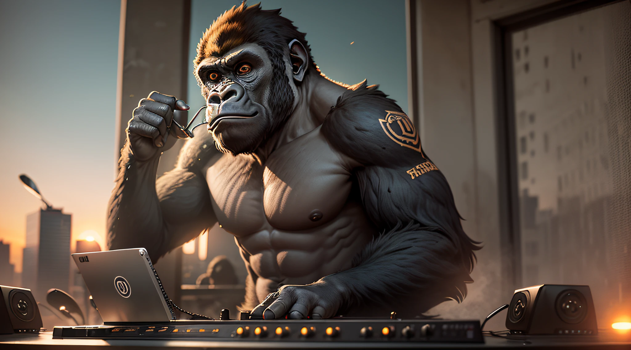 (nvinkpunk:1.2) (snthwve style:0.8) Gorilla dj, anthro, lightwave, sunset, intricate, highly detailed