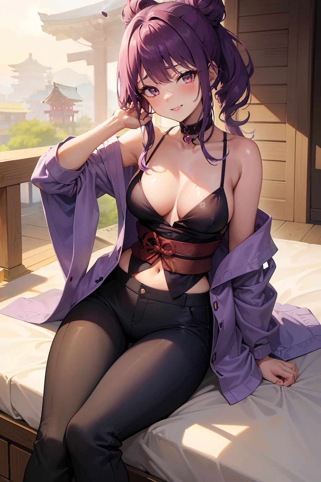 best quality, masterpiece, (leaning over:1.4), 1girl, yuzuriha_(jigokuraku), purple hair, brown eyes, ninja, open clothes, cleavage, small breasts, topknot, medium hair, breasts apart, seductive smile, pants, undressing, (blush:1.1), japanese exterior, temple (NSFW 1.5)